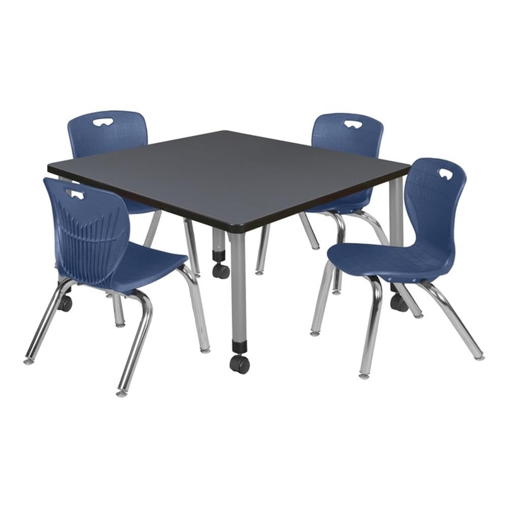 42" Square Mobile Table with 4 Blue Stack Chairs J797479