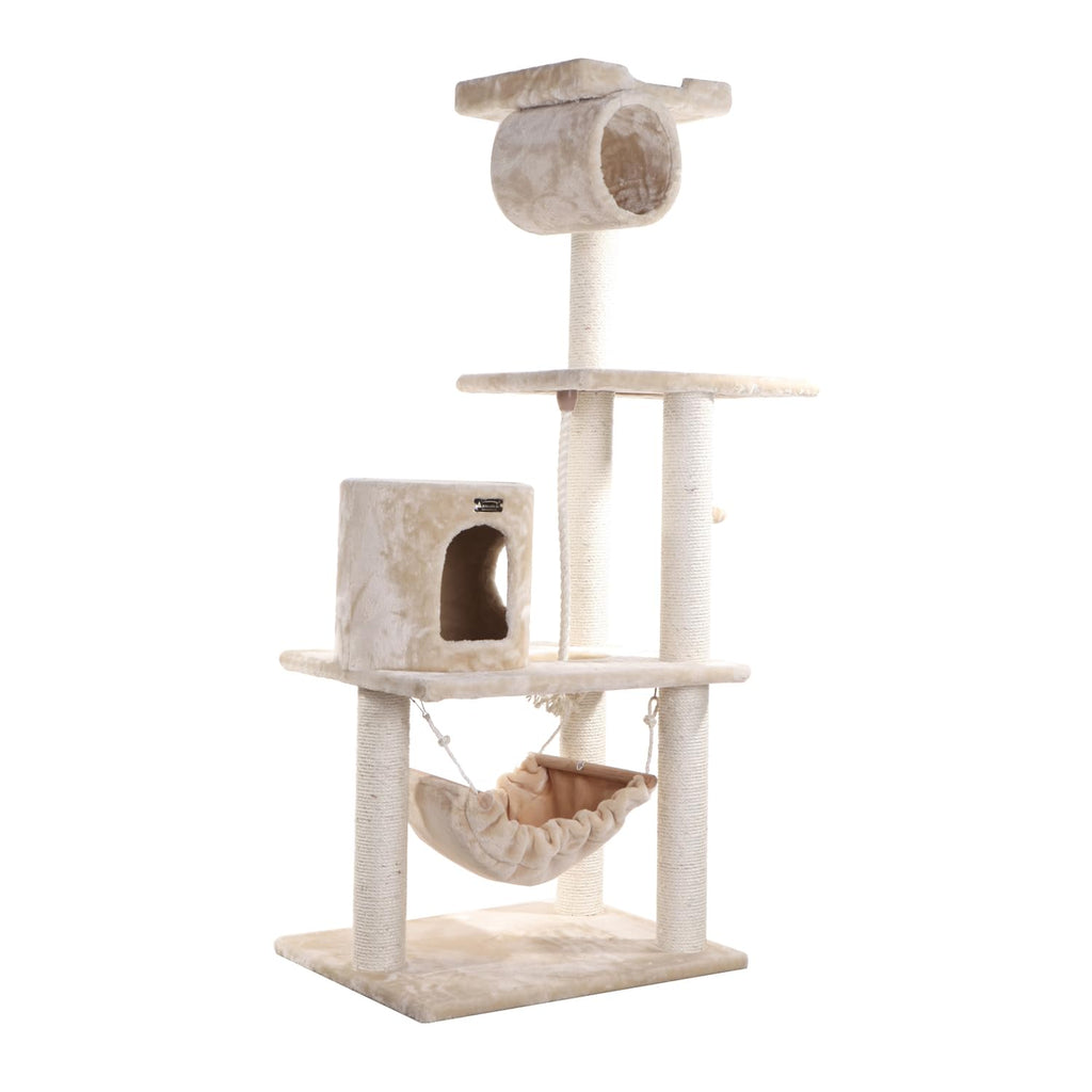 Tall 70 Inch MultiLevel Feline Activity Tower with Scratching Posts and Playhouse, Tan U2386