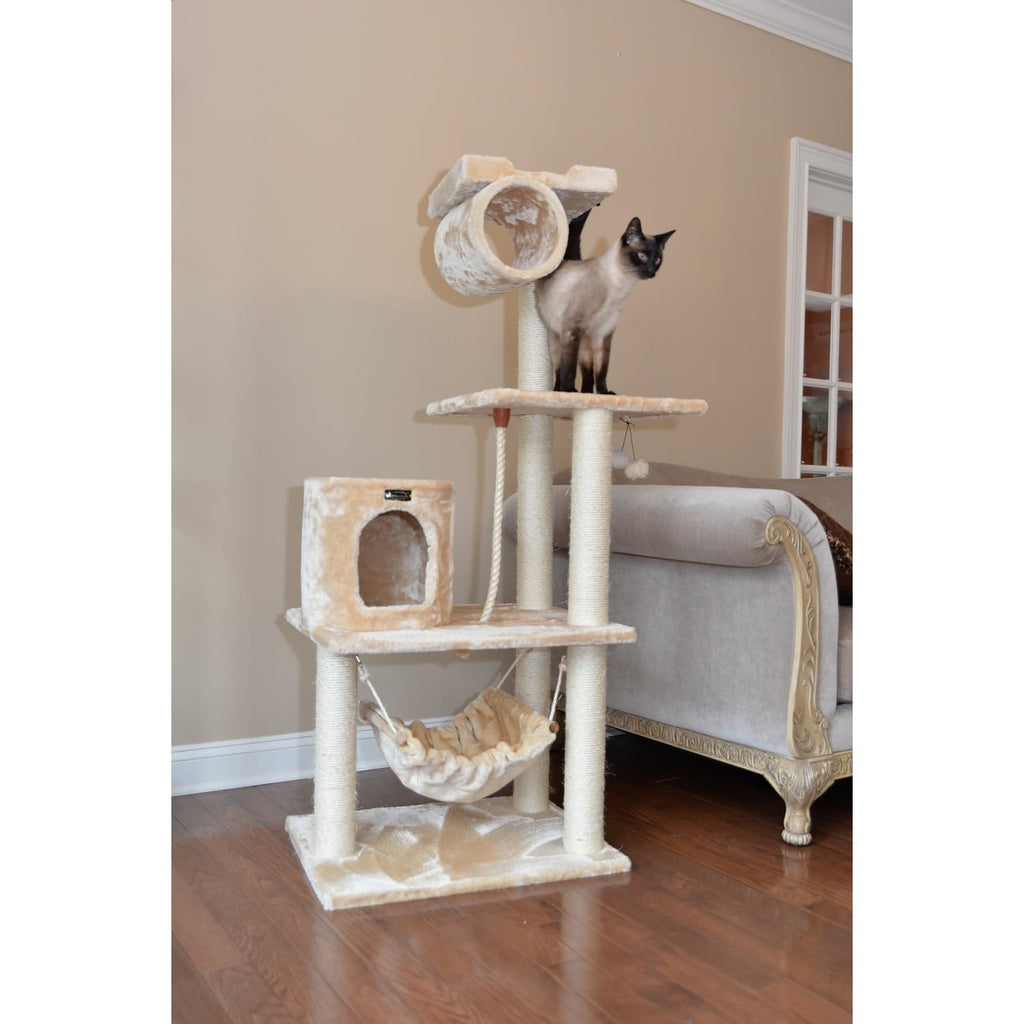 Tall 70 Inch MultiLevel Feline Activity Tower with Scratching Posts and Playhouse, Tan U2386