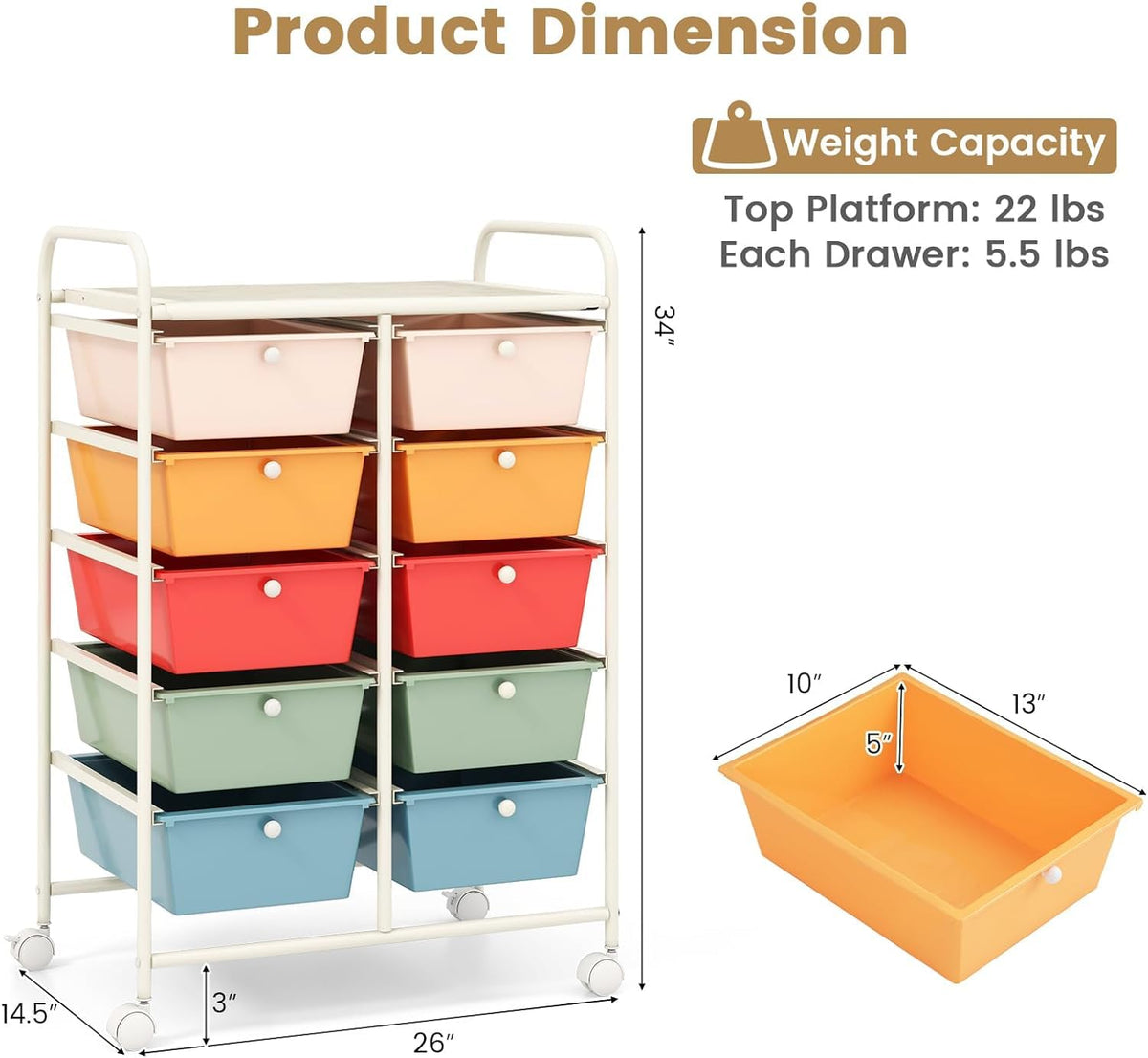 10 Drawer Rolling Storage Cart with Metal Frame U7070