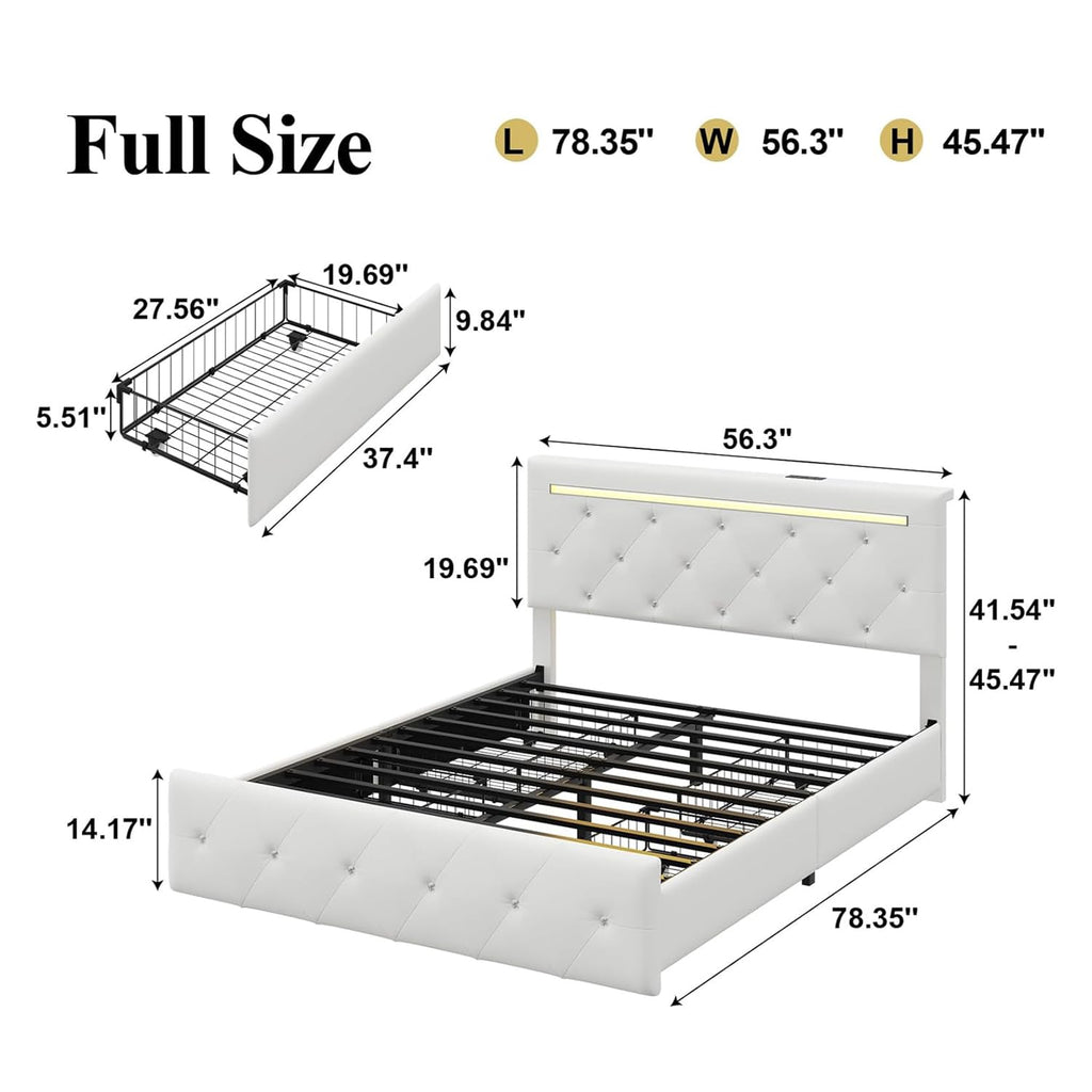 White PU Upholstered Full Size Bed Frame with 4 Storage Drawers H446993