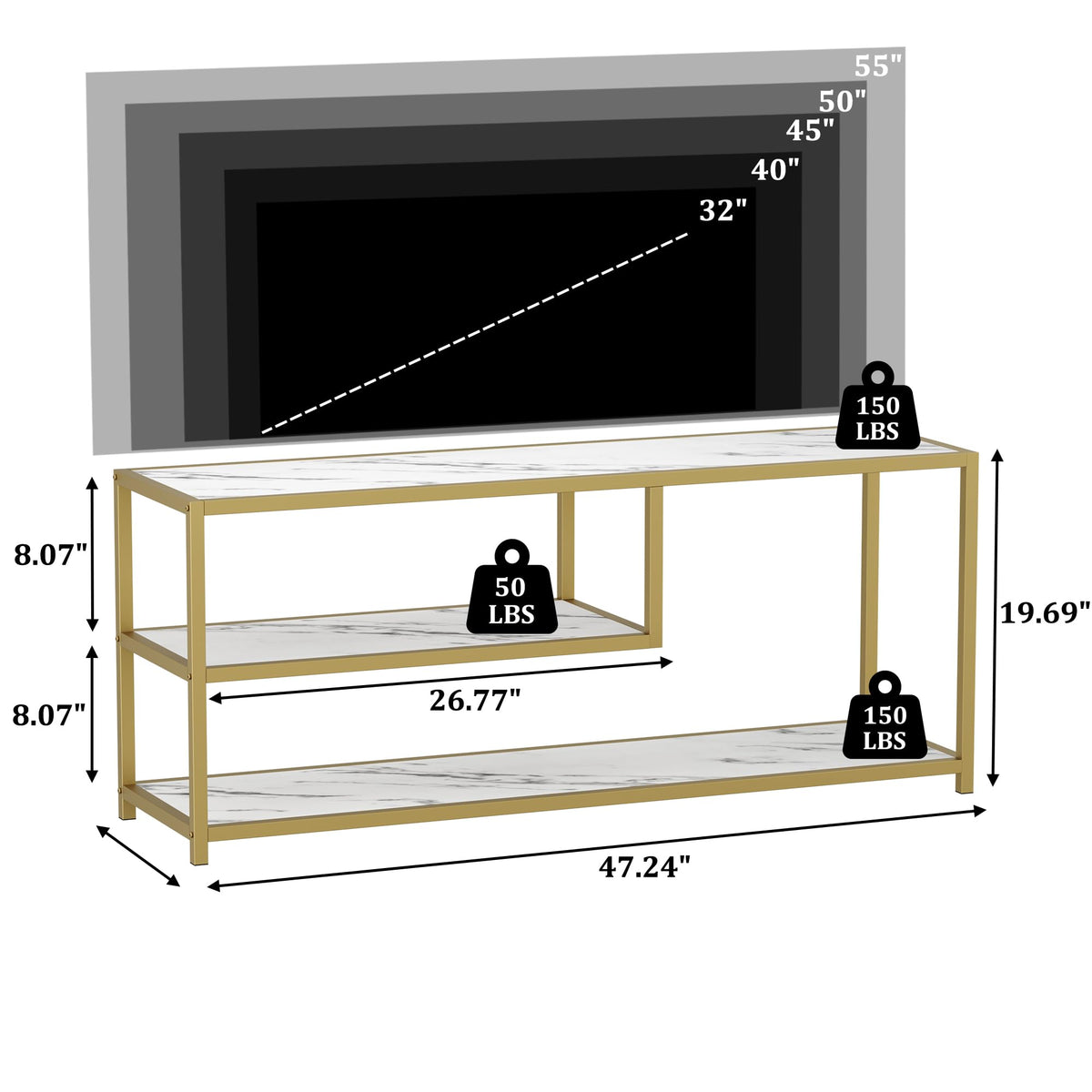 TV Stand for TVs up to 55 Inch, 3 Tier Media Console with Open Storage Shelves E54656