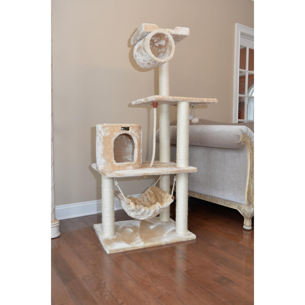 Tall 70 Inch MultiLevel Feline Activity Tower with Scratching Posts and Playhouse, Tan U2386