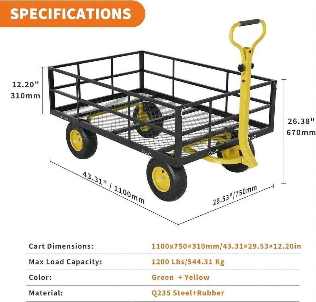 Heavy Duty Steel Garden Cart, 1200 LBS Load Capacity Wagon with 10 inch Tire and Rotating Handle, Black D26062