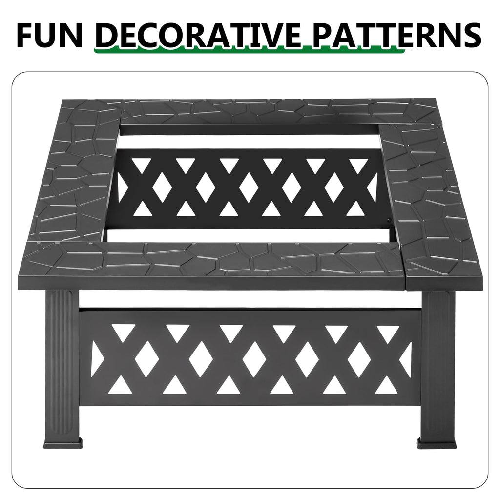 32 Inch Square Wood Burning Fire Pit Table with Spark Screen and Fire Poker E9321