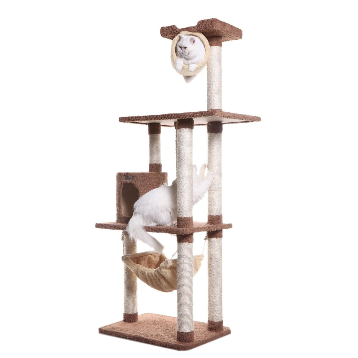 Tall 70 Inch MultiLevel Feline Activity Tower with Scratching Posts and Playhouse, Tan U2386