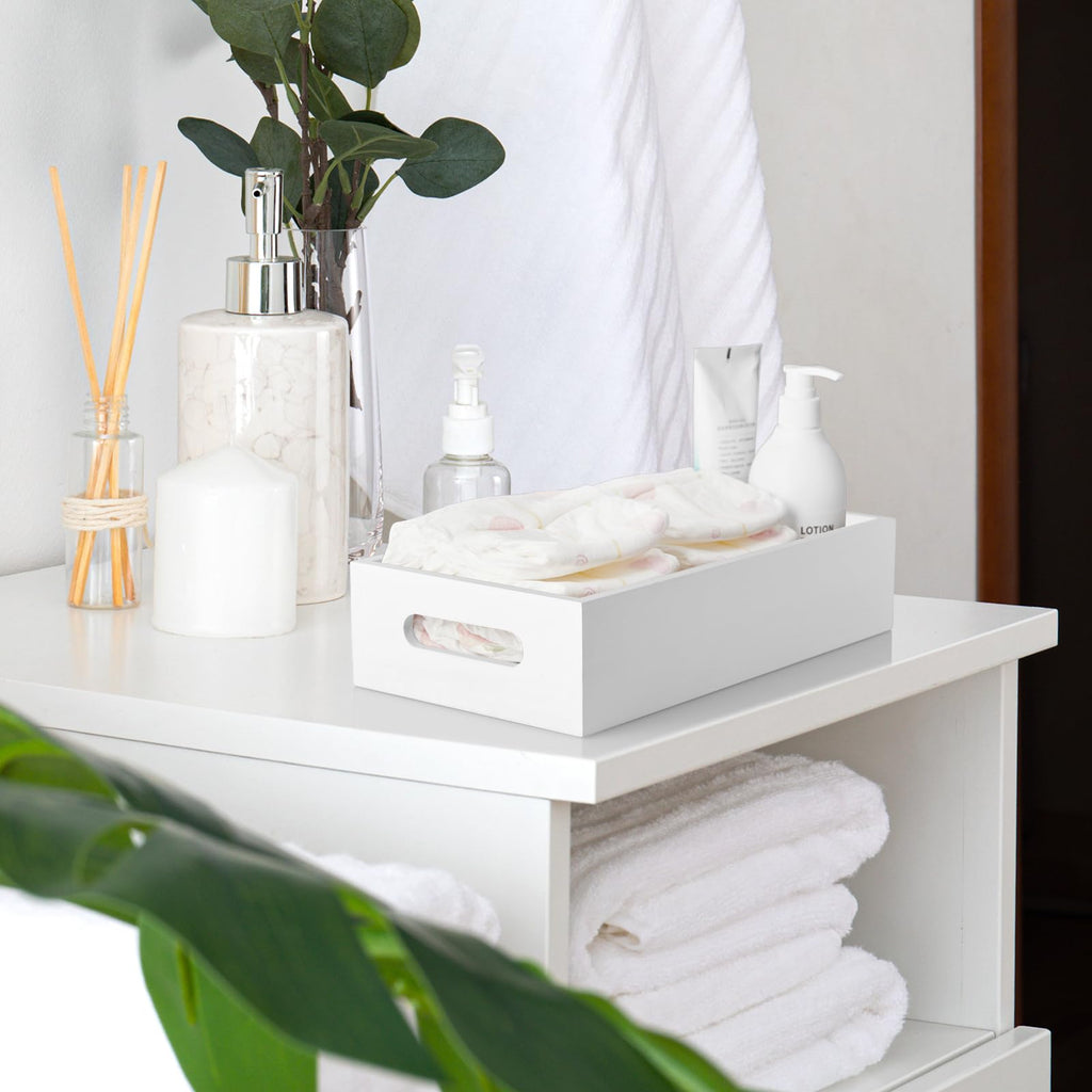 White Wooden Toilet Tank Paper Basket with Handle D78497