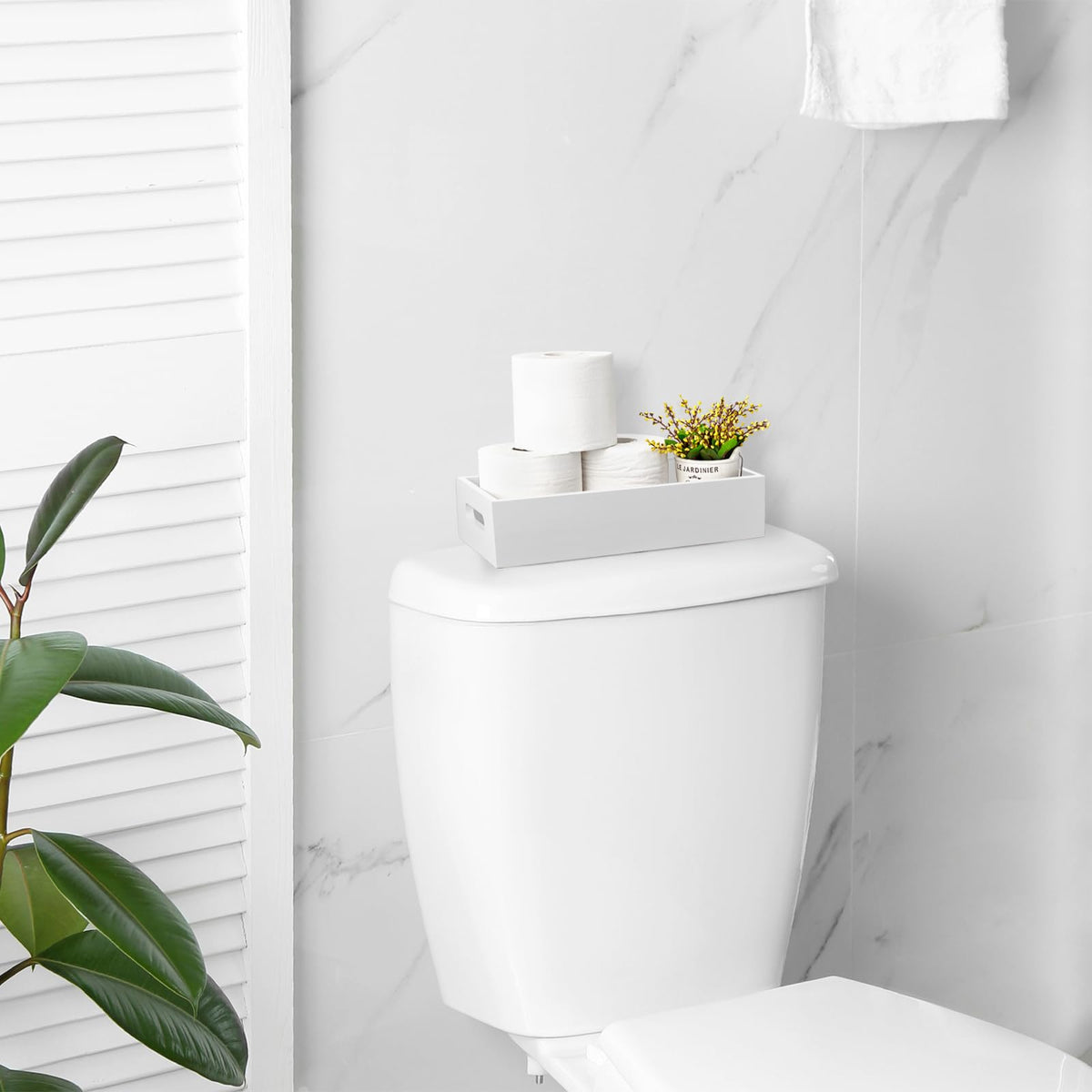 White Wooden Toilet Tank Paper Basket with Handle D78497