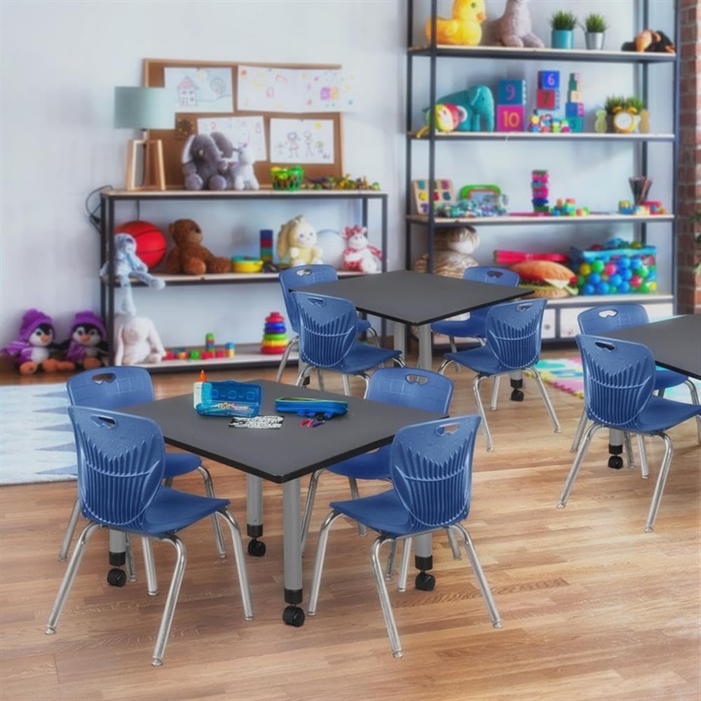 42" Square Mobile Table with 4 Blue Stack Chairs J797479