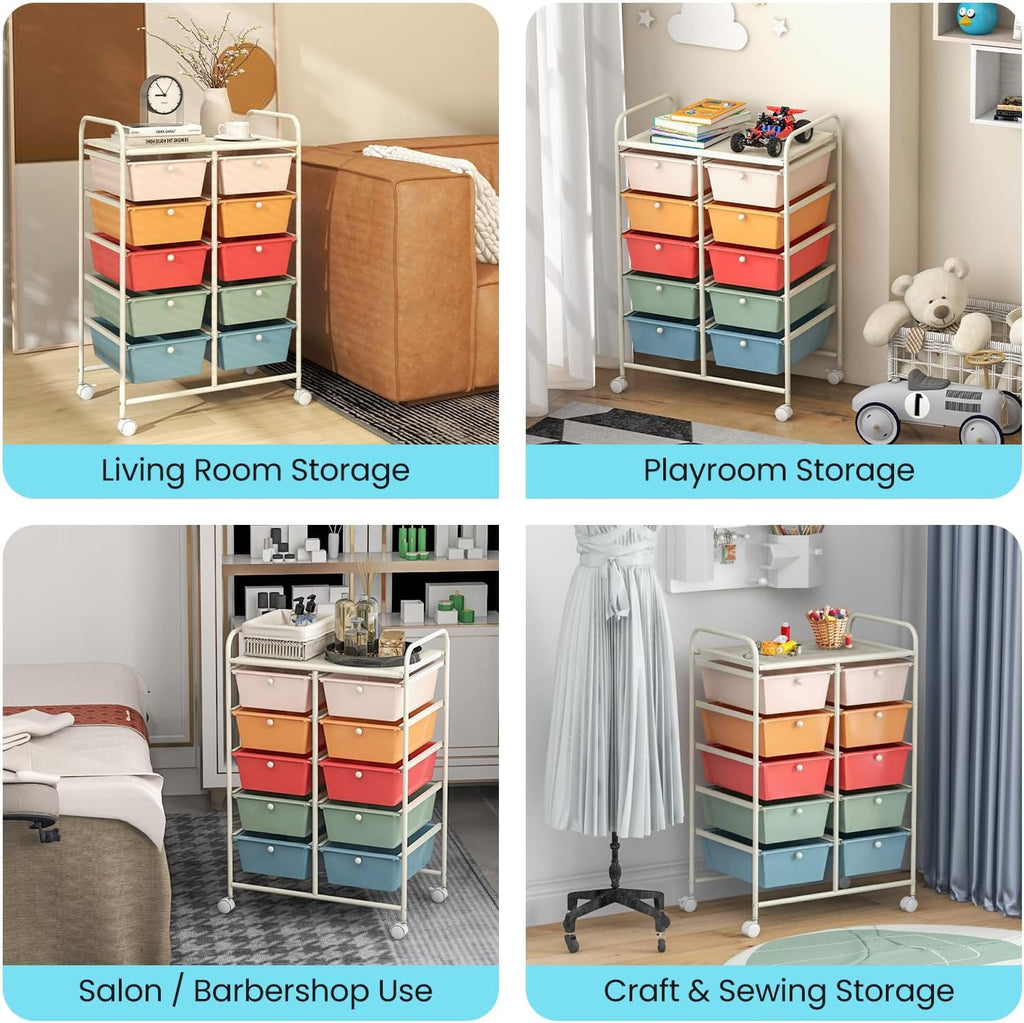 10 Drawer Rolling Storage Cart with Metal Frame U7070