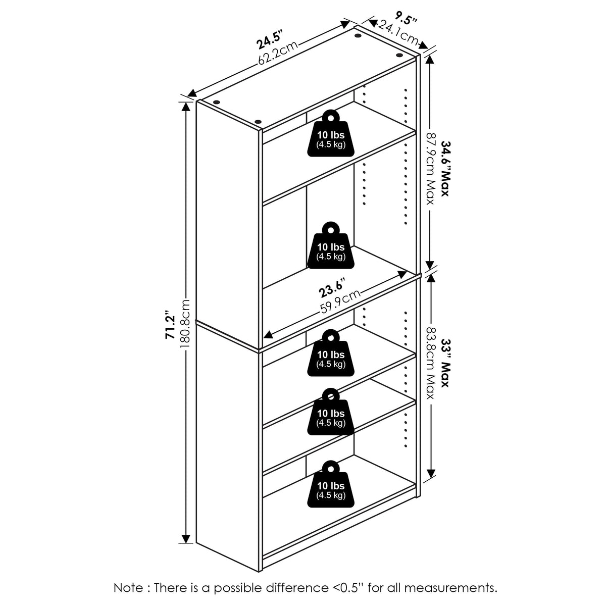 5-Tier Book Shelf with Adjustable Shelves R3254