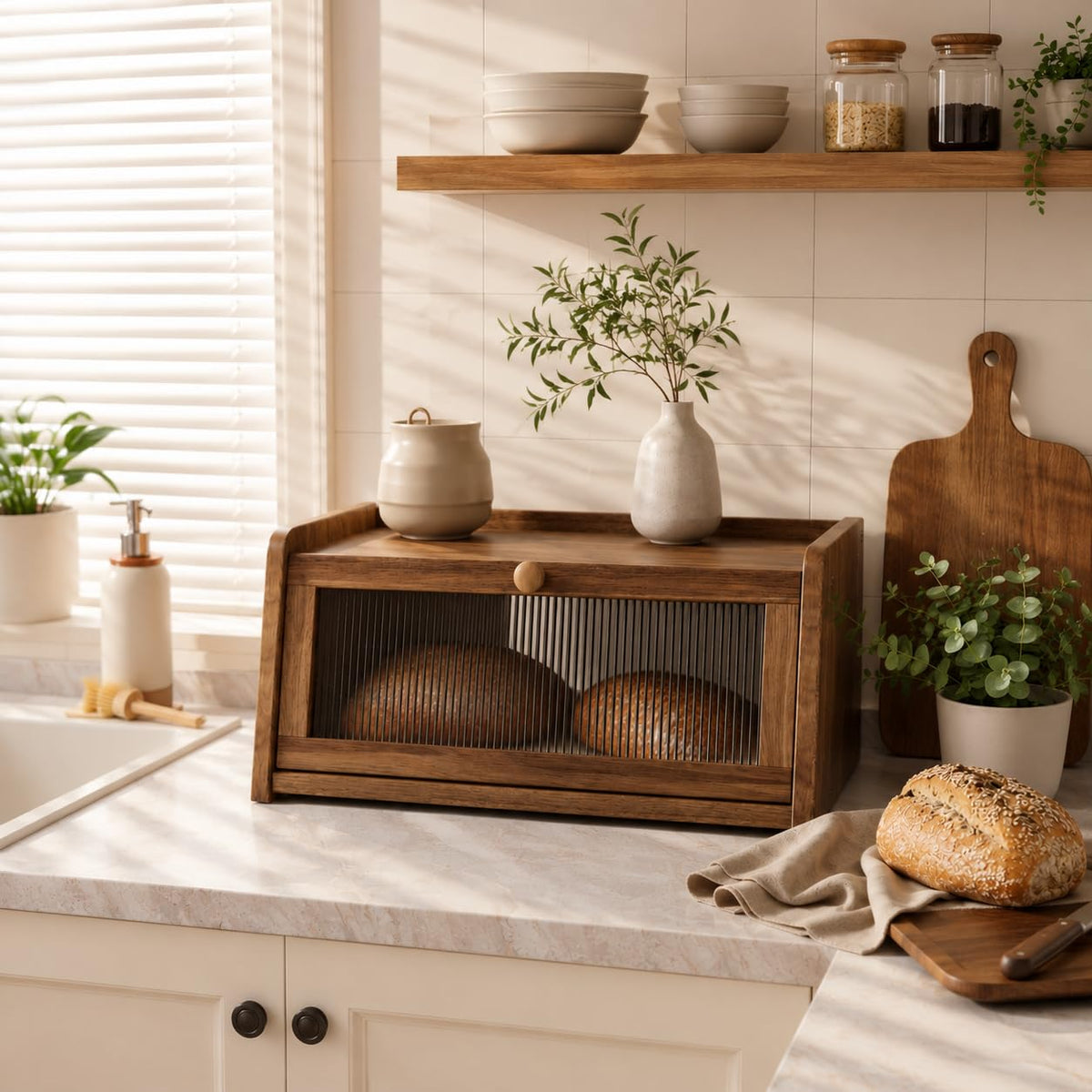 Acacia Wood Bread Box with Acrylic Window R412406