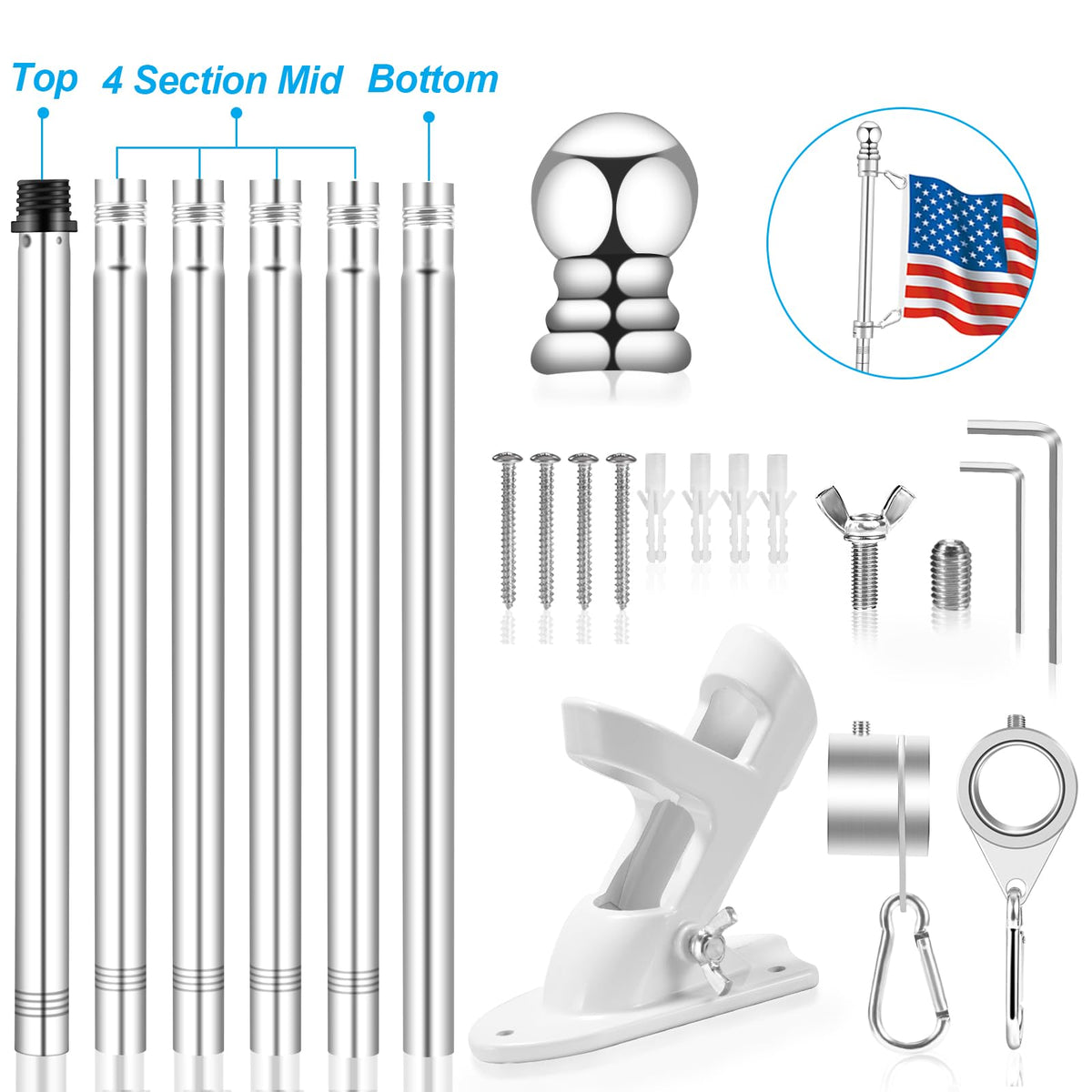 Silver 7 FT Metal Flagpole Kit and 304 Stainless Steel Flagpole Clips S59405
