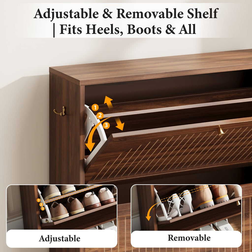 Luminous Walnut Shoe Storage Cabinet with Adjustable Shelves W567