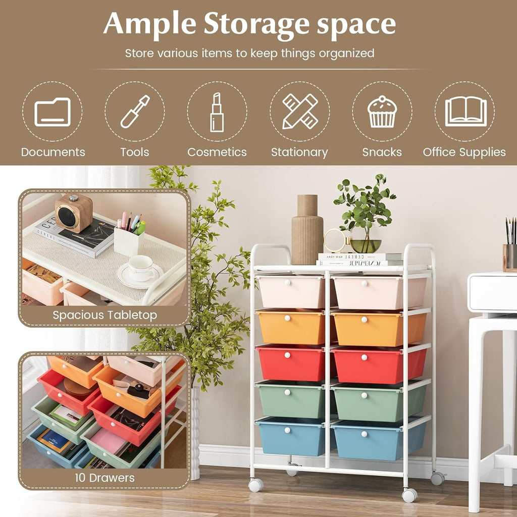 10 Drawer Rolling Storage Cart with Metal Frame U7070