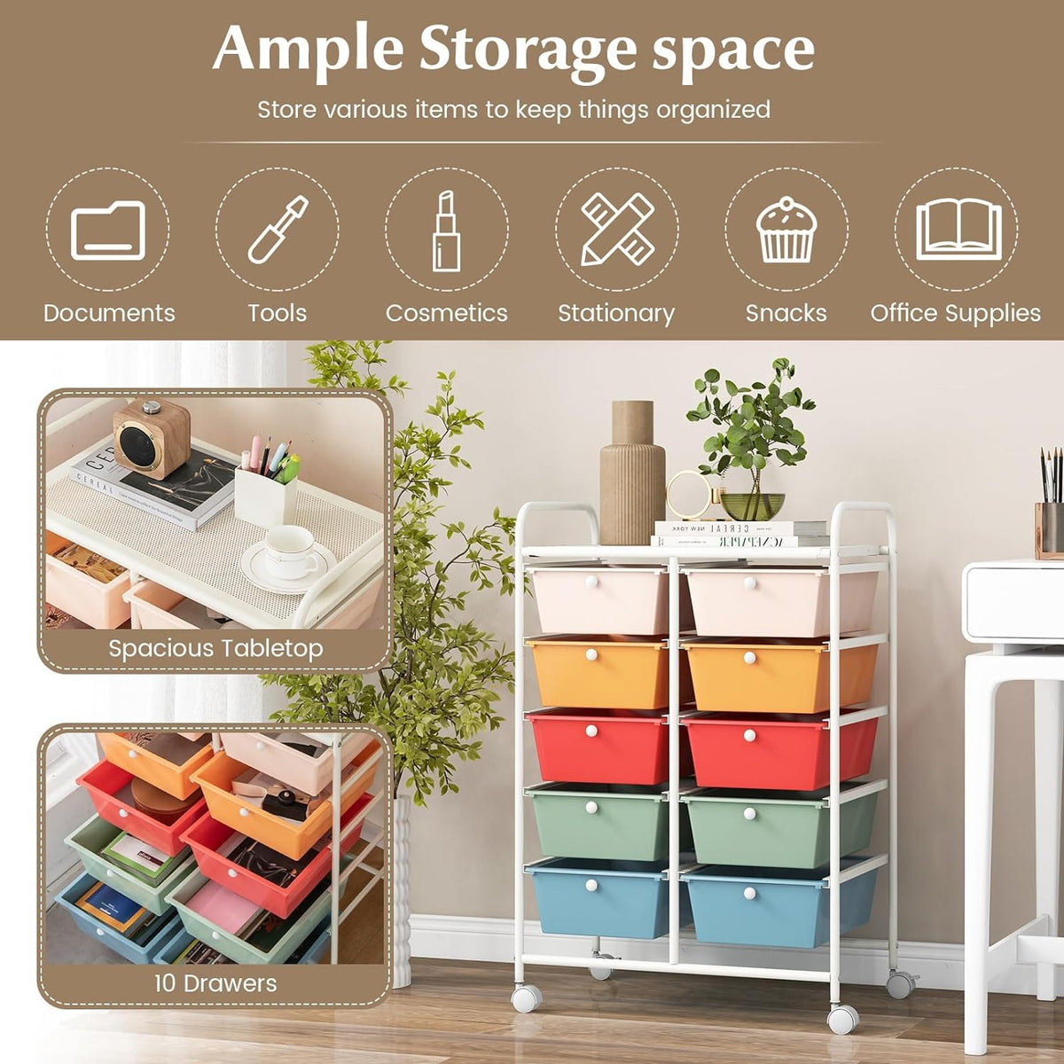10 Drawer Rolling Storage Cart with Metal Frame U7070