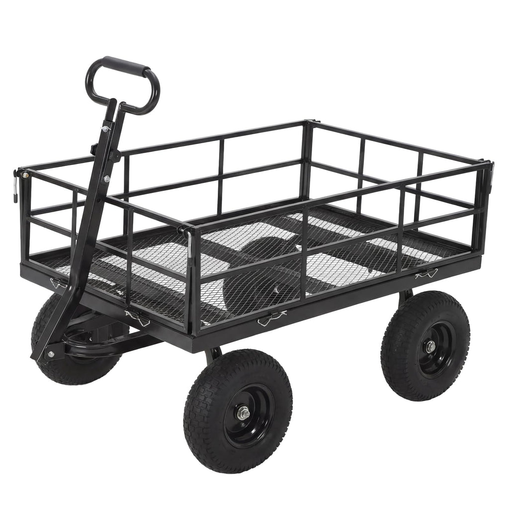 Heavy Duty Steel Garden Cart, 1200 LBS Load Capacity Wagon with 10 inch Tire and Rotating Handle, Black D26062