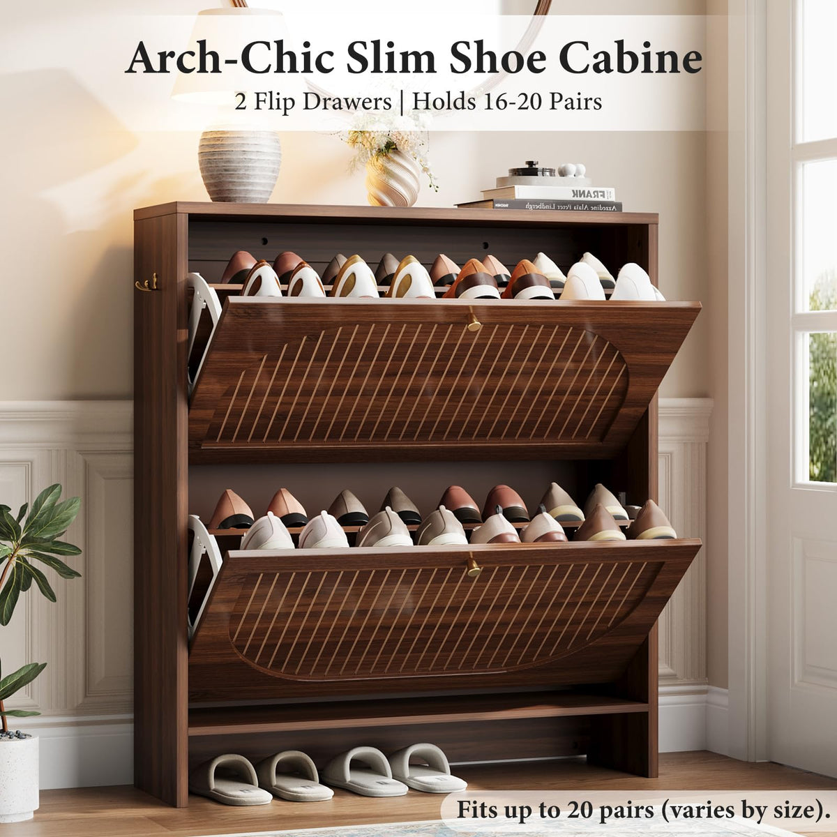 Luminous Walnut Shoe Storage Cabinet with Adjustable Shelves W567
