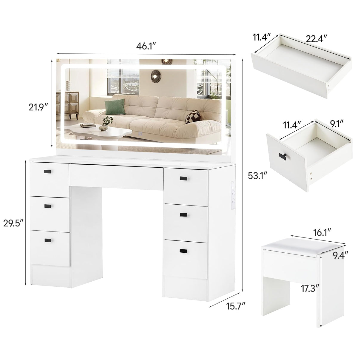 White 7 Drawer Vanity Desk with Mirror and Stool O47136