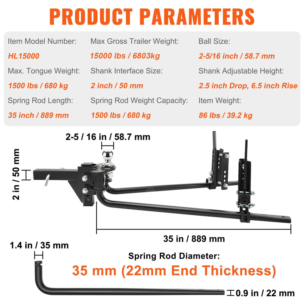 1500 lbs Capacity Weight Distribution Hitch with 2-Inch Steel Shank T9769