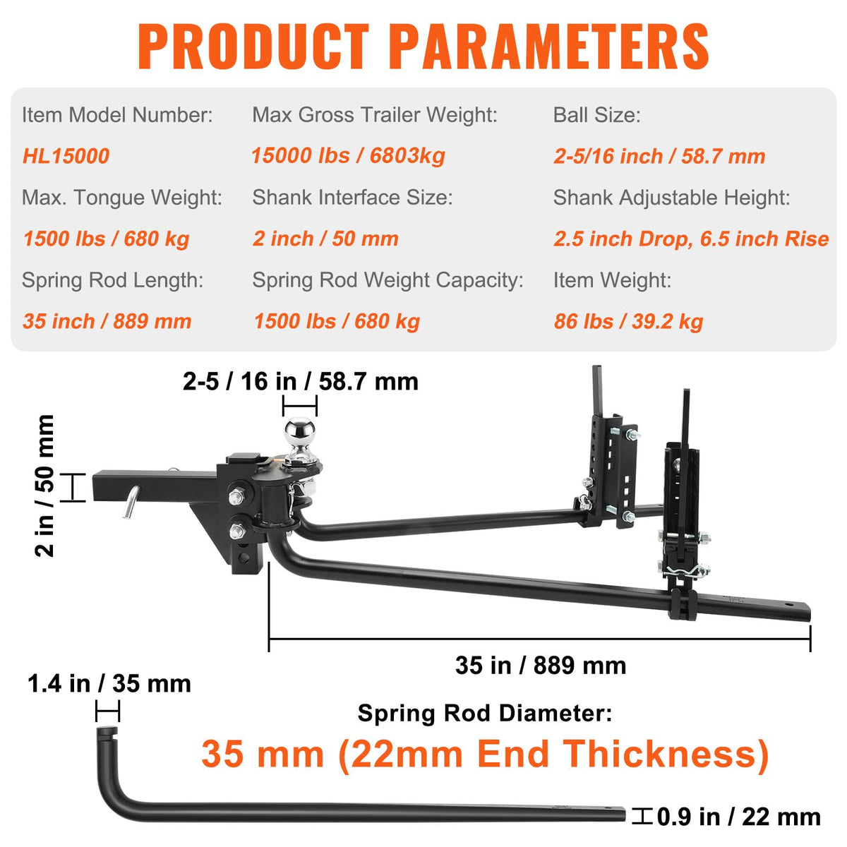 1500 lbs Capacity Weight Distribution Hitch with 2-Inch Steel Shank T9769