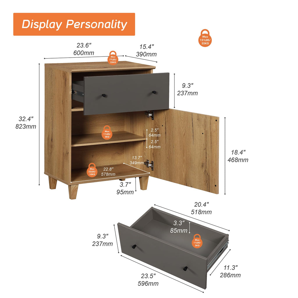 Oak Brown Dark Grey Wood Storage Cabinet with Drawer and Door G450110