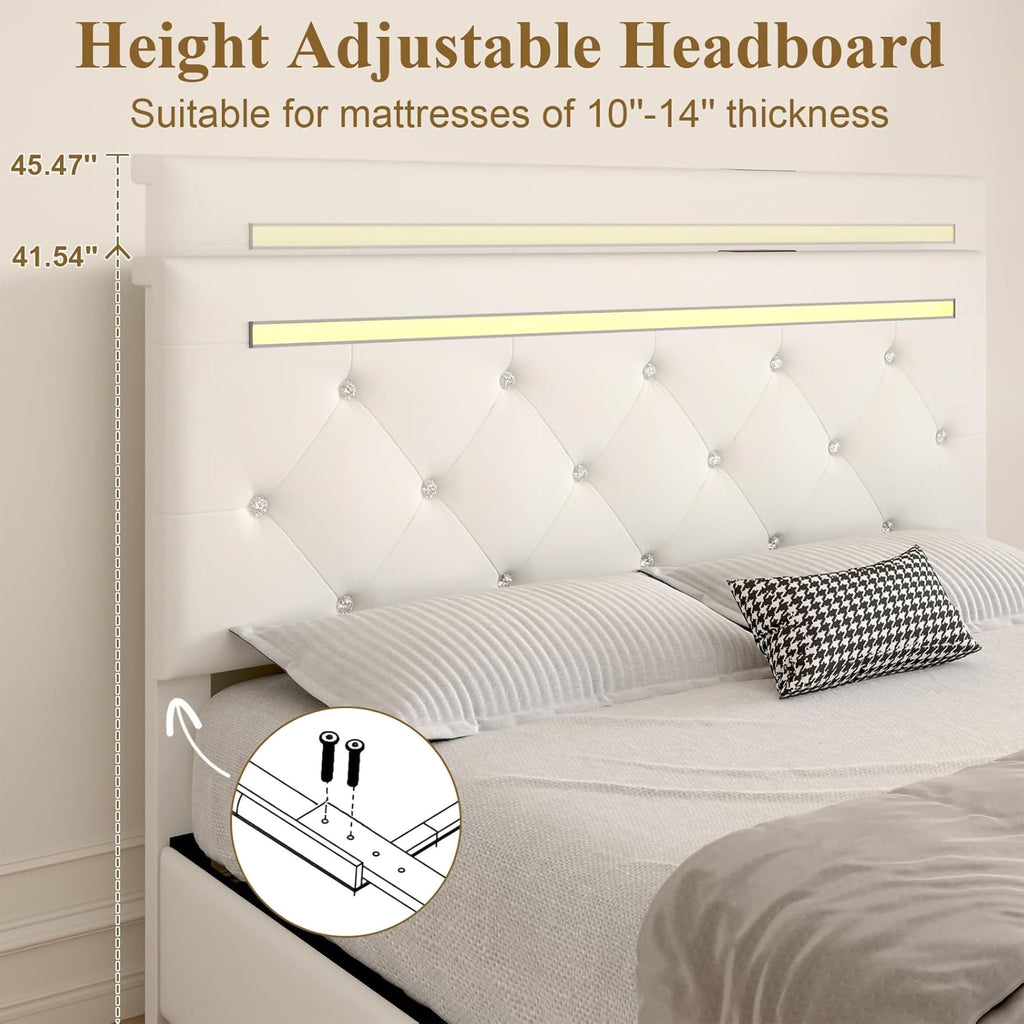 White PU Upholstered Full Size Bed Frame with 4 Storage Drawers H446993