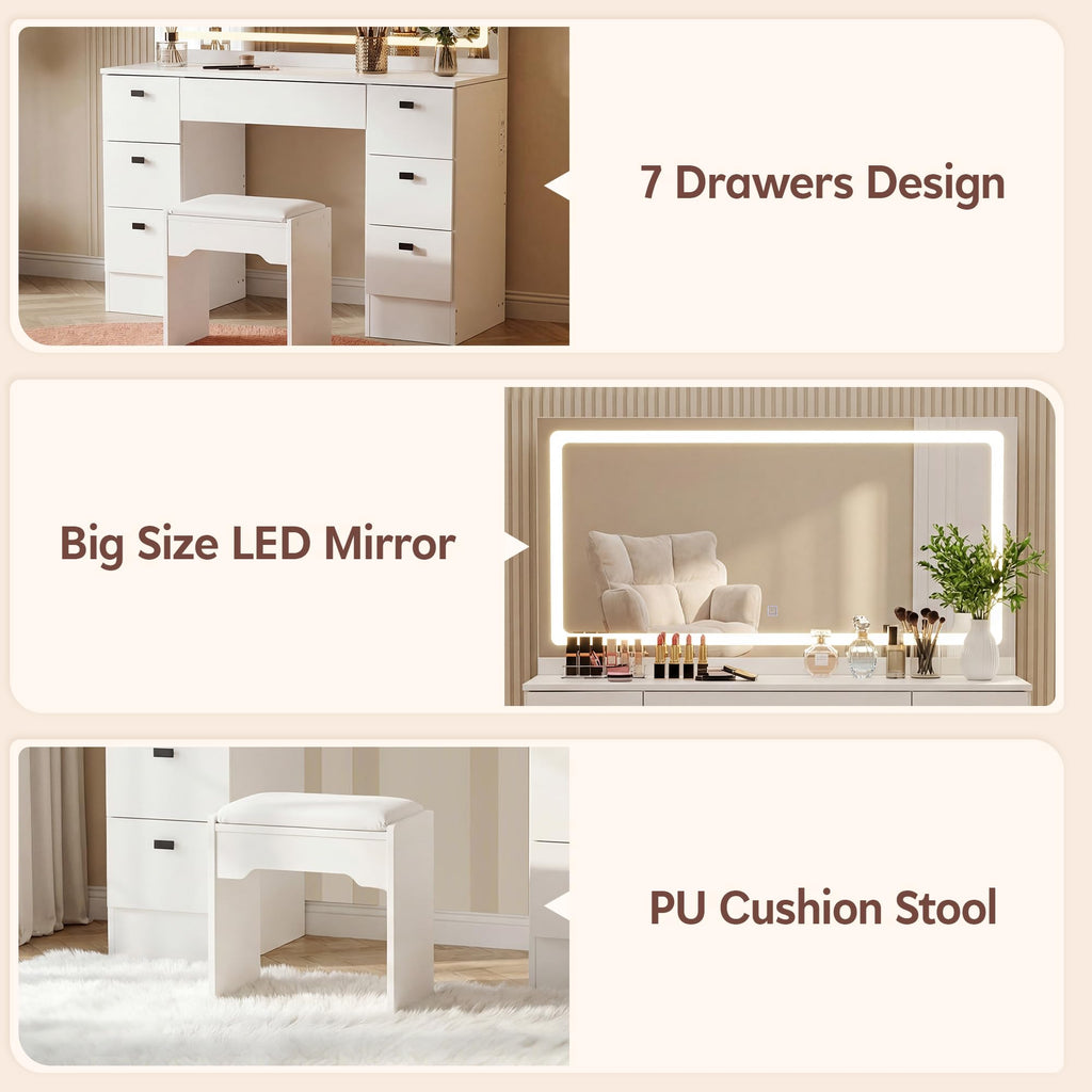 White 7 Drawer Vanity Desk with Mirror and Stool O47136