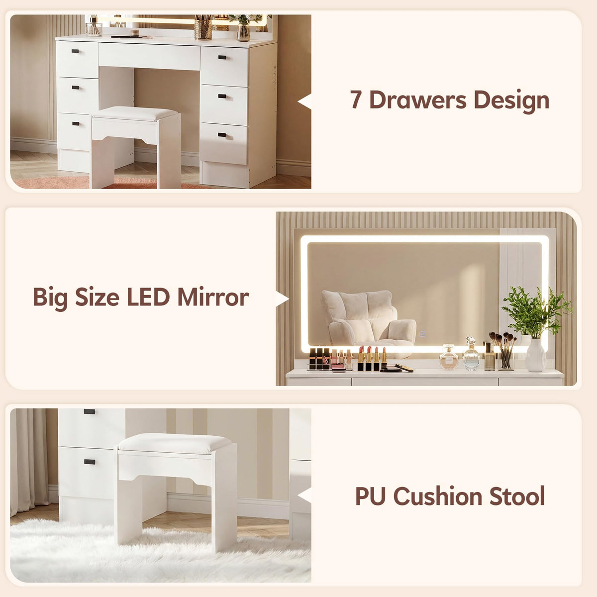 White 7 Drawer Vanity Desk with Mirror and Stool O47136