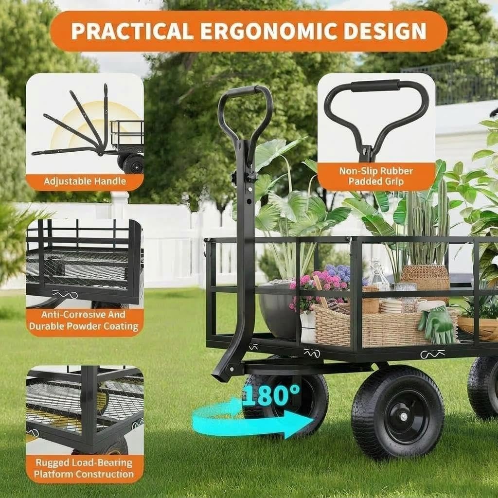 Heavy Duty Steel Garden Cart, 1200 LBS Load Capacity Wagon with 10 inch Tire and Rotating Handle, Black D26062