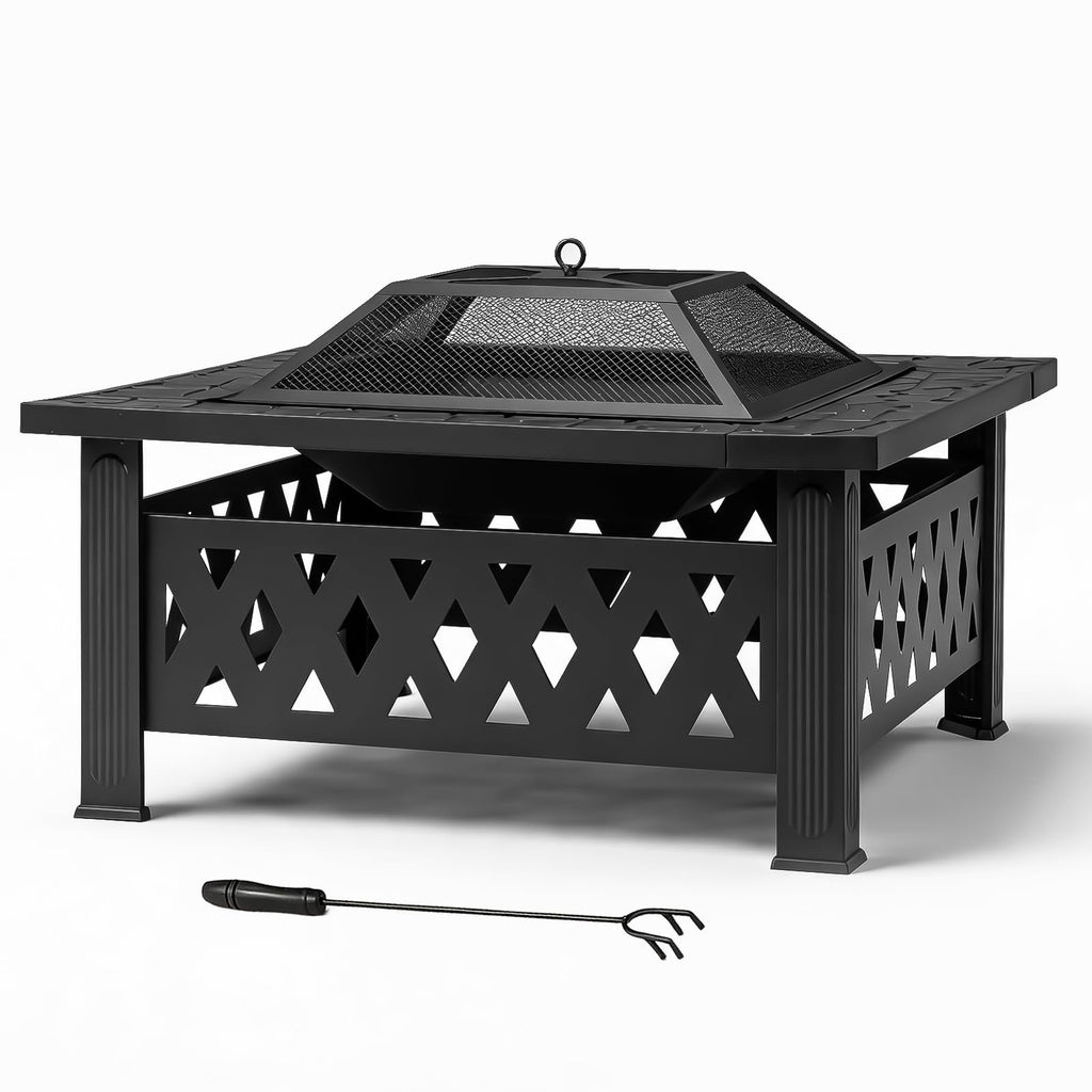 32 Inch Square Wood Burning Fire Pit Table with Spark Screen and Fire Poker E9321