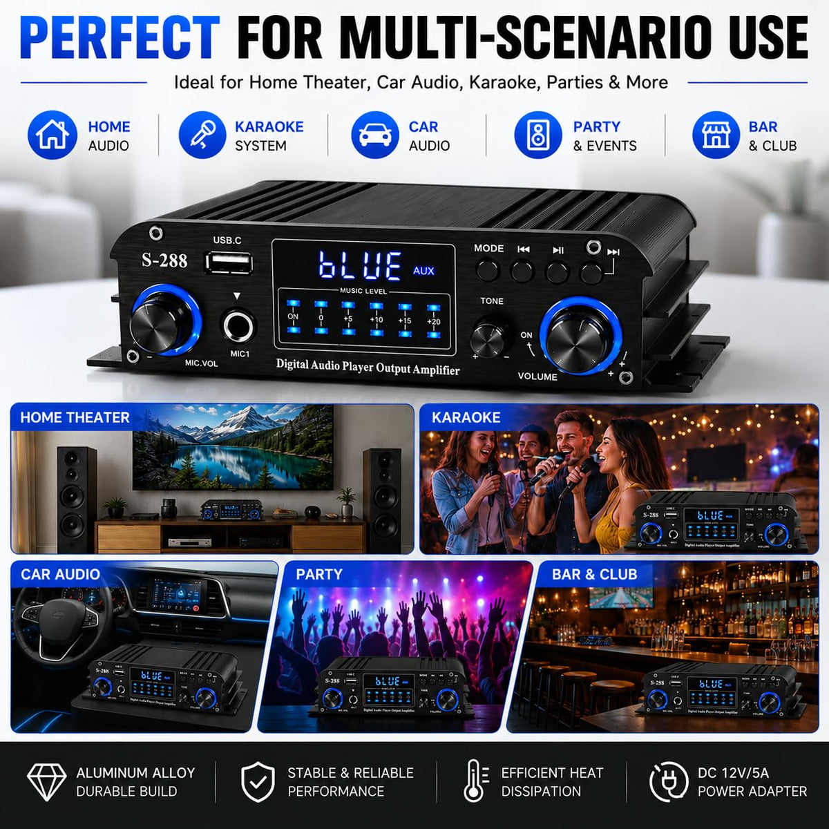 4 Channel Bluetooth Stereo Amplifier 50Wx4 Class D HiFi Power Amp P414