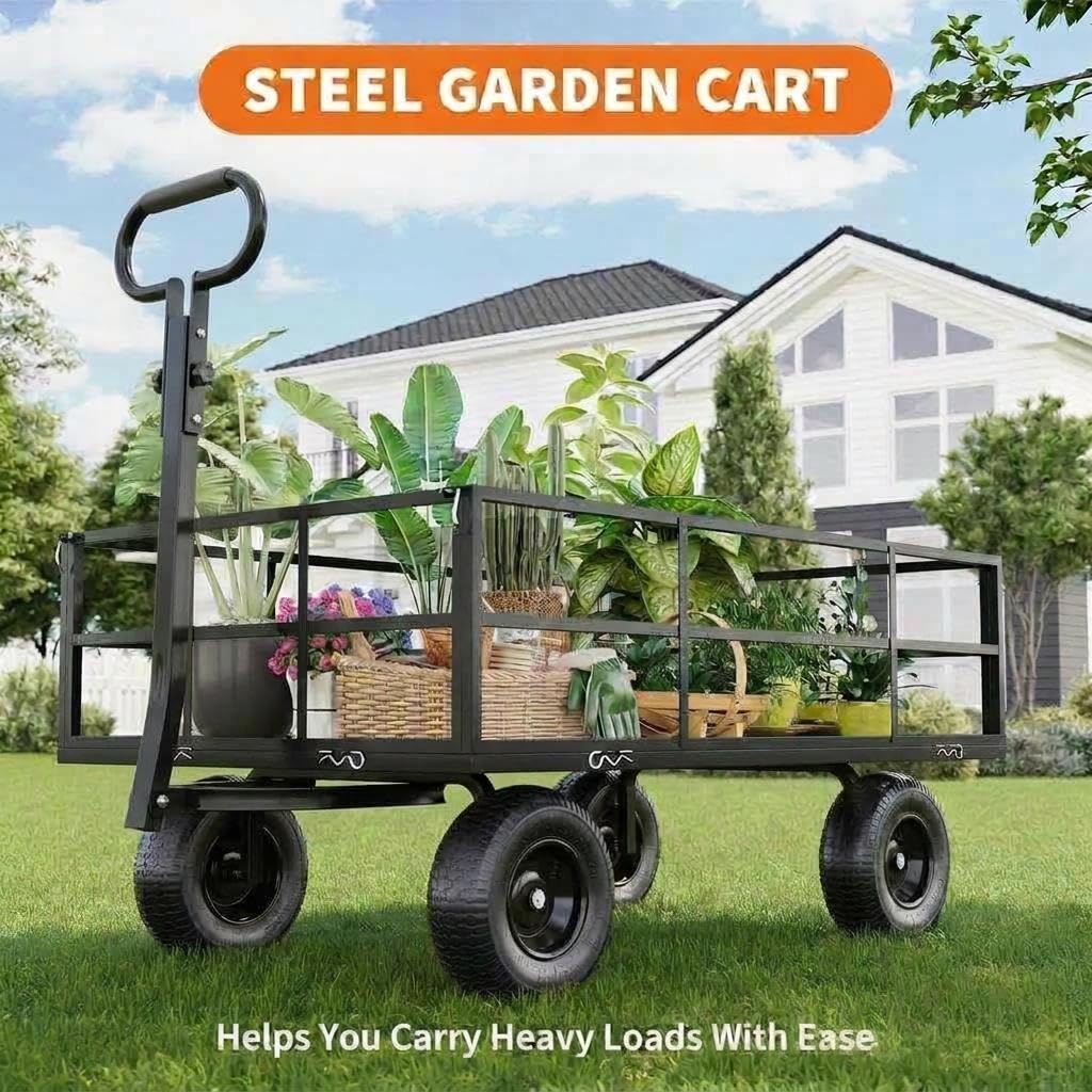 Heavy Duty Steel Garden Cart, 1200 LBS Load Capacity Wagon with 10 inch Tire and Rotating Handle, Black D26062