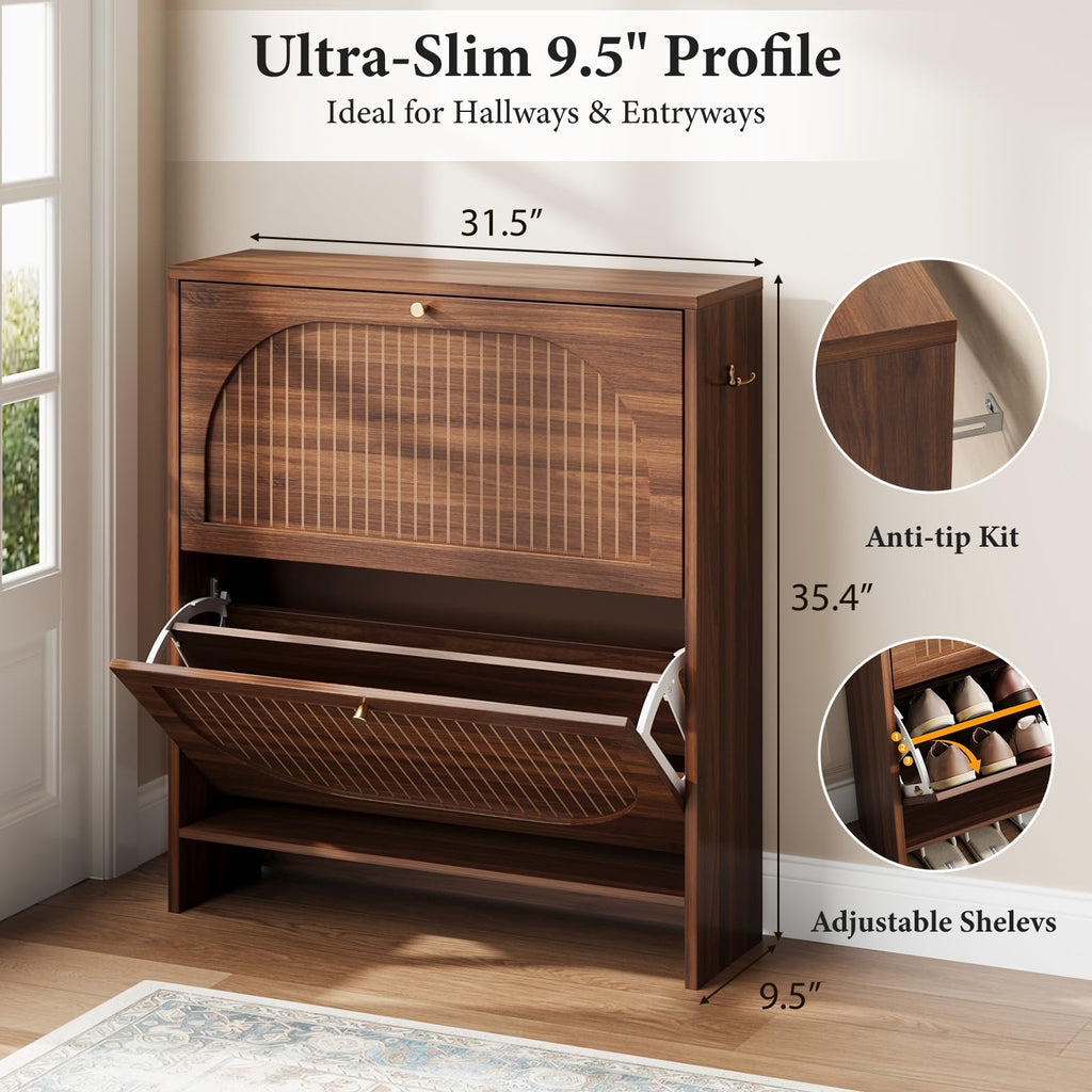 Luminous Walnut Shoe Storage Cabinet with Adjustable Shelves W567