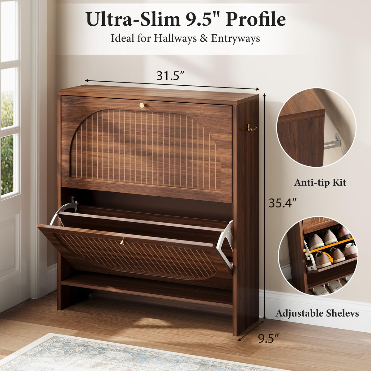 Luminous Walnut Shoe Storage Cabinet with Adjustable Shelves W567