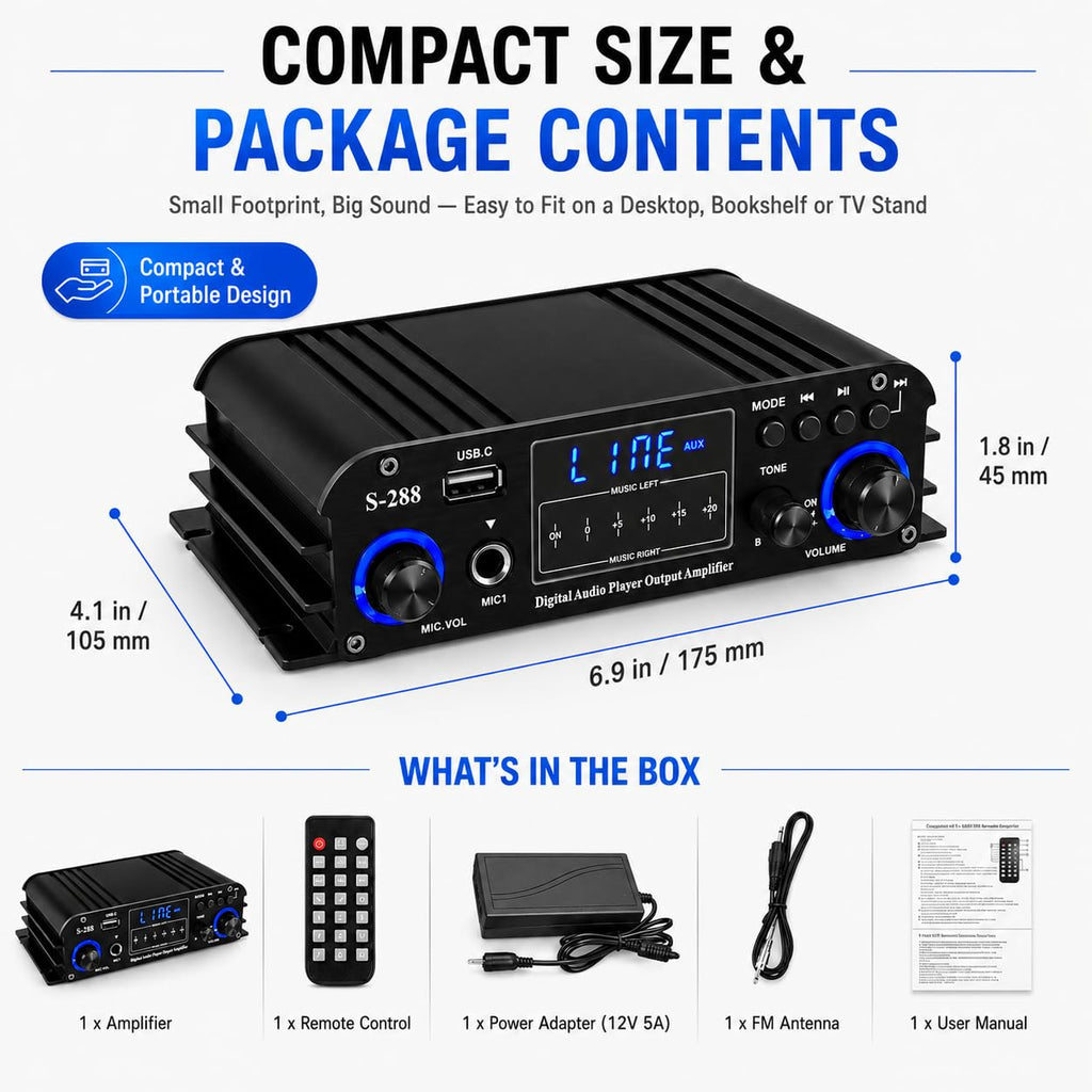 4 Channel Bluetooth Stereo Amplifier 50Wx4 Class D HiFi Power Amp P414