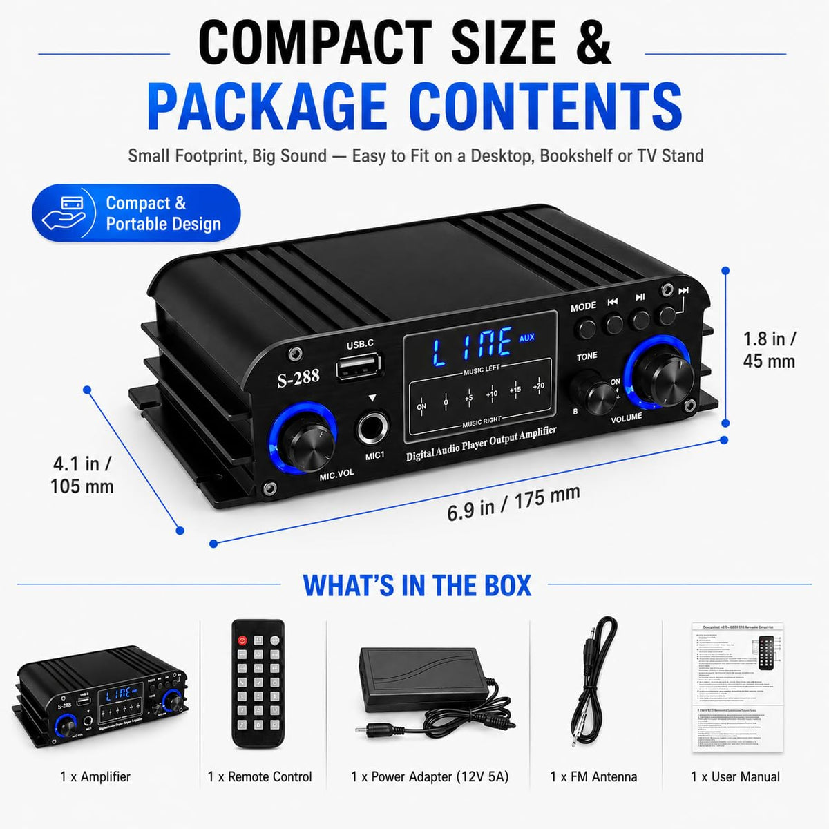 4 Channel Bluetooth Stereo Amplifier 50Wx4 Class D HiFi Power Amp P414