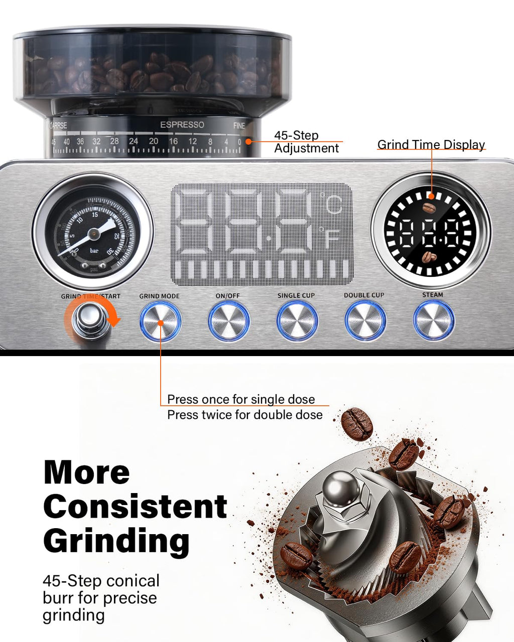 20 Bar Espresso Machine with Built-In Grinder H589