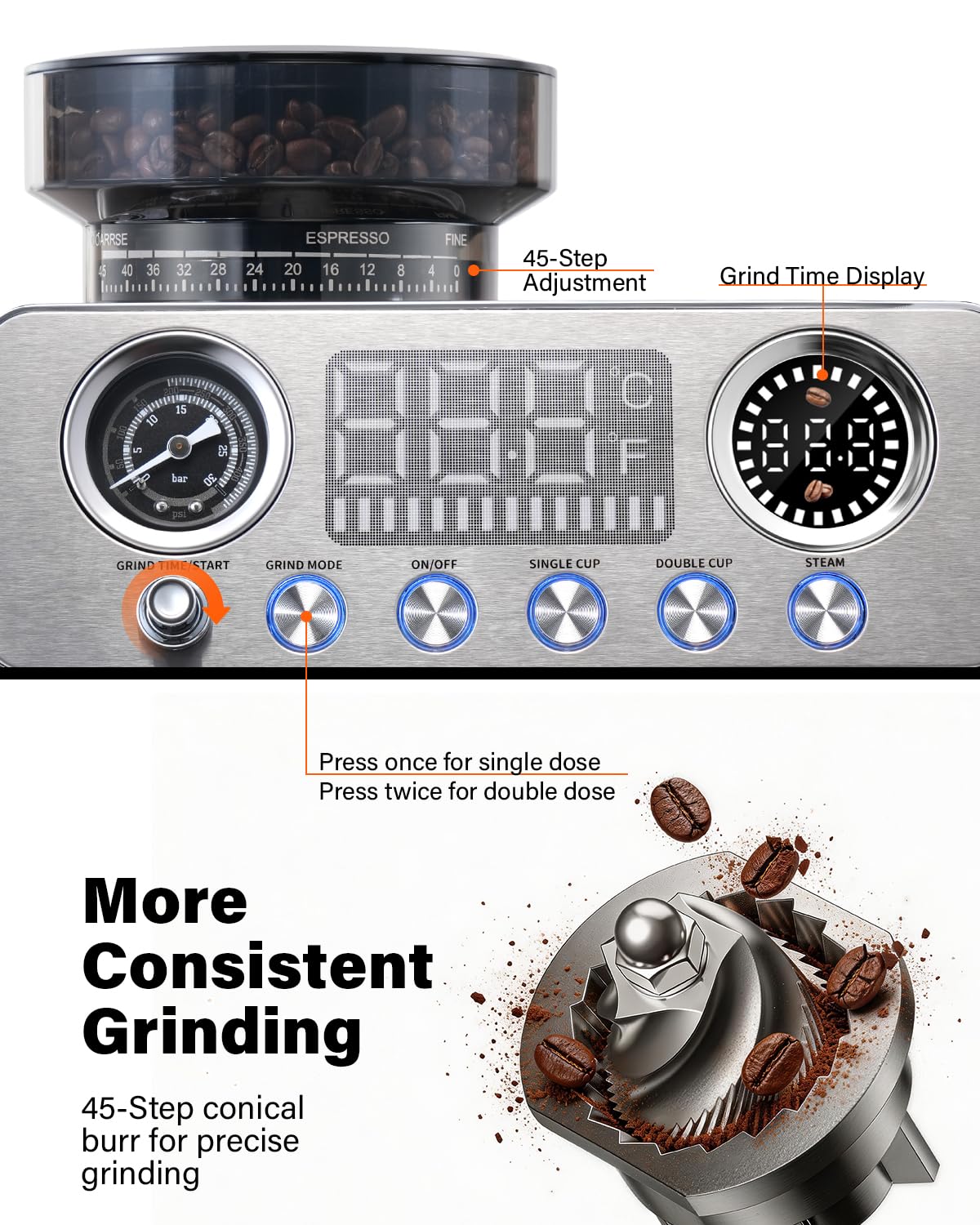 20 Bar Espresso Machine with Built-In Grinder H589