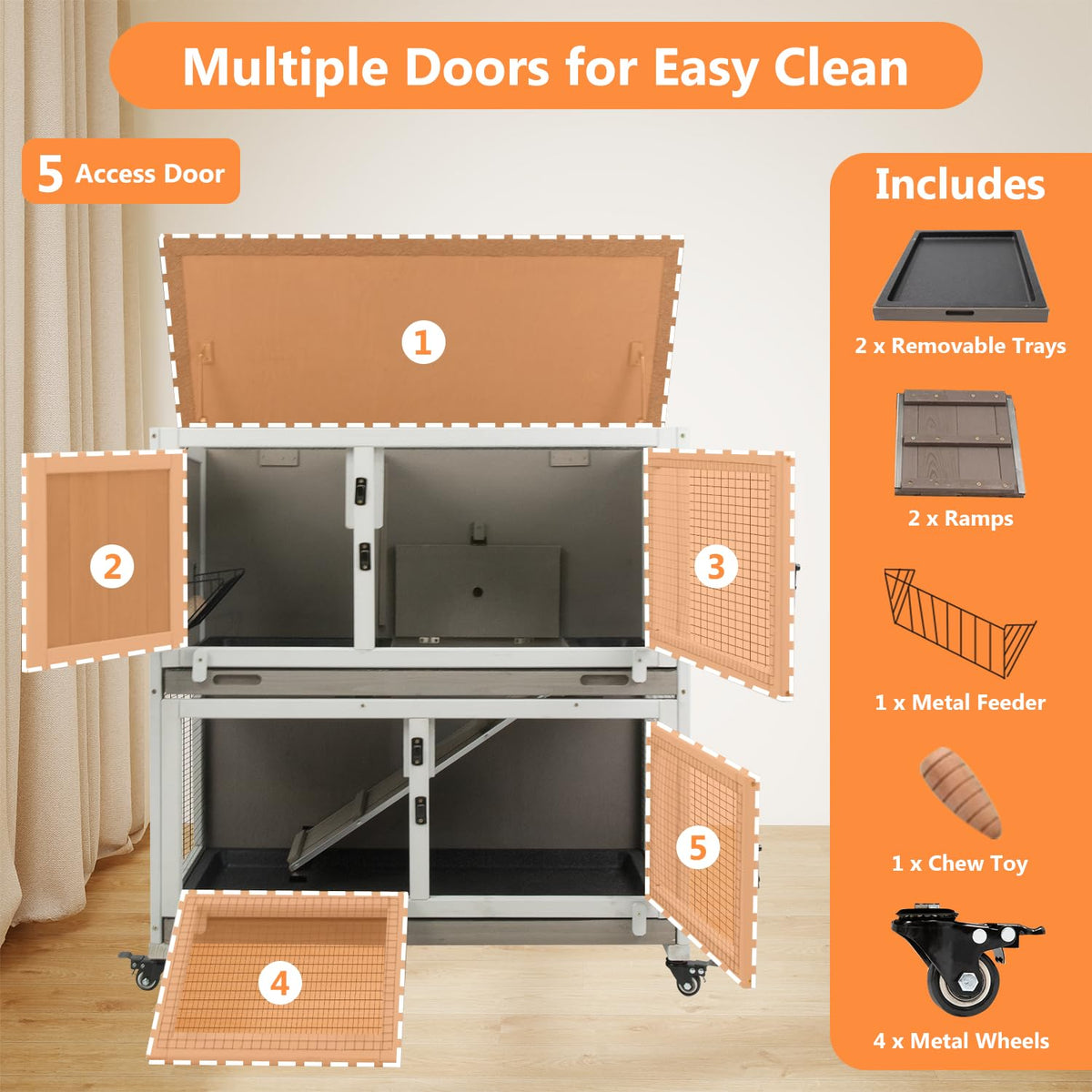 2-Story Wooden Rabbit Hutch with 4 Lockable Wheels I128