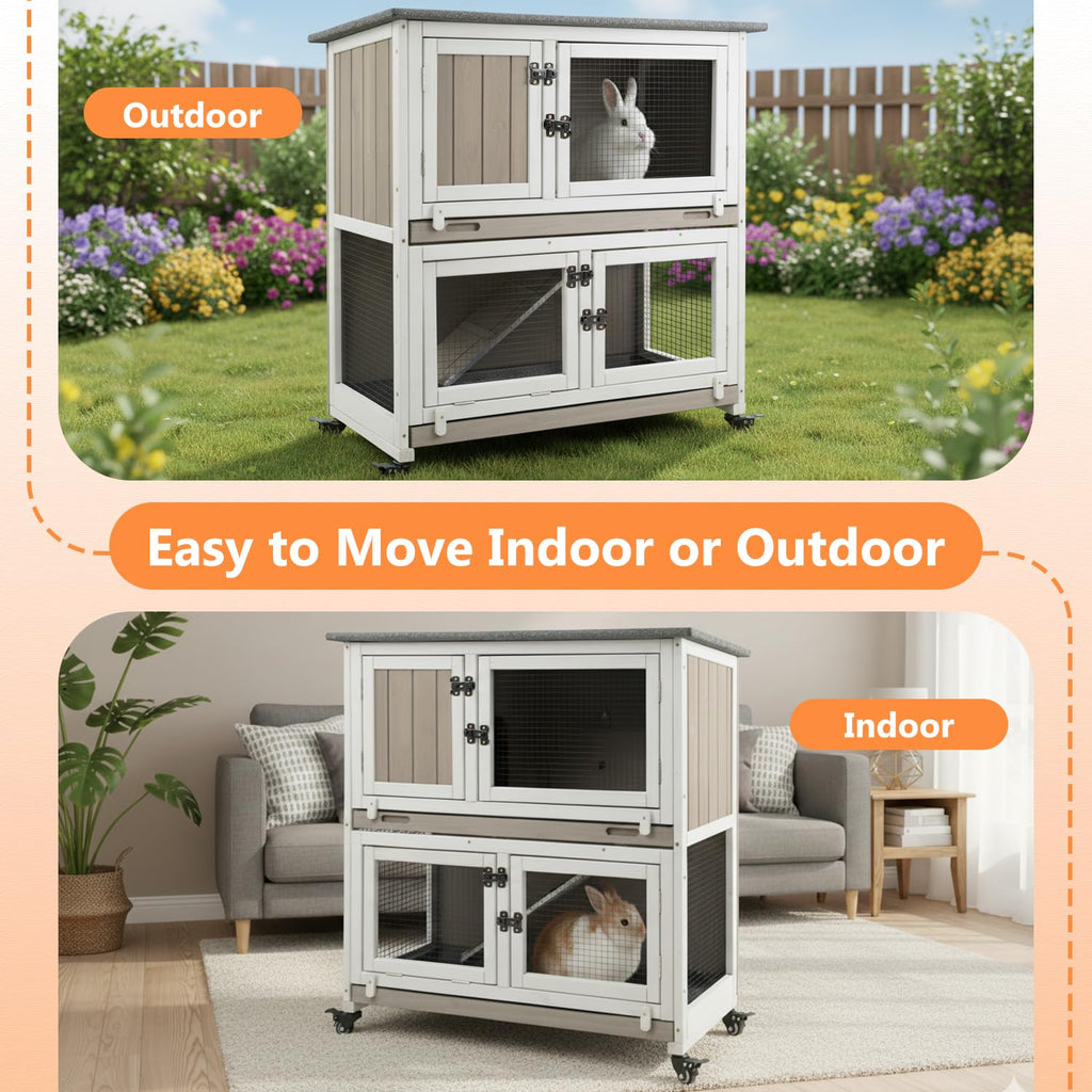 2-Story Wooden Rabbit Hutch with 4 Lockable Wheels I128