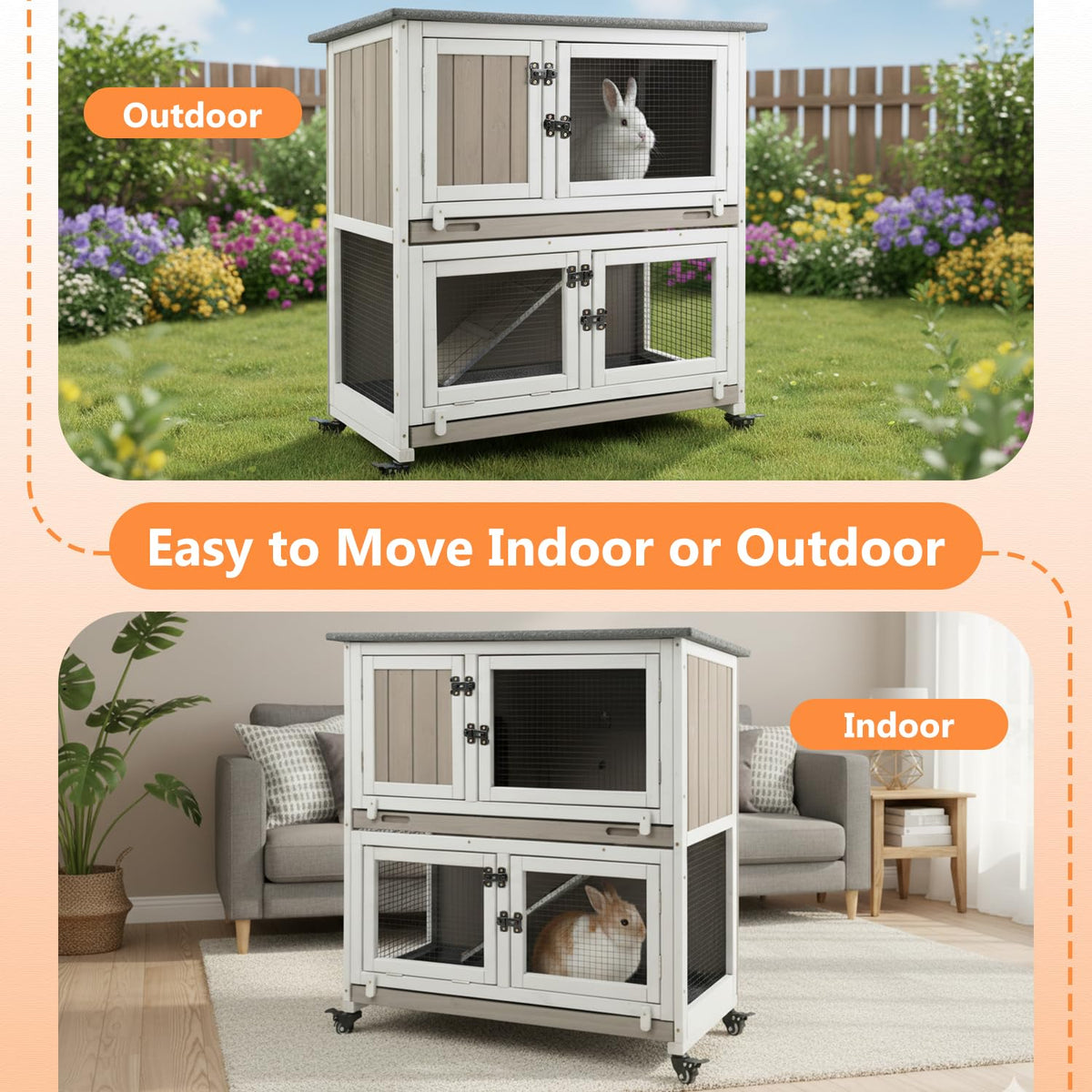 2-Story Wooden Rabbit Hutch with 4 Lockable Wheels I128