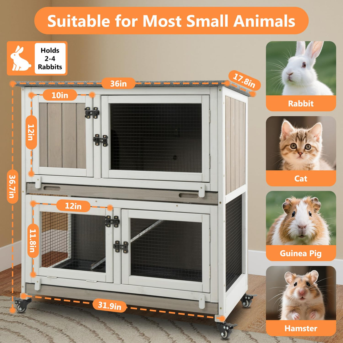 2-Story Wooden Rabbit Hutch with 4 Lockable Wheels I128