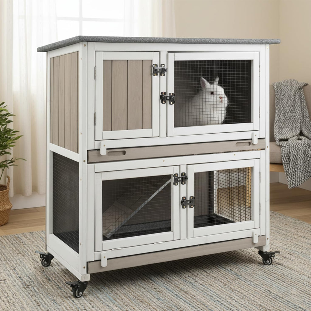 2-Story Wooden Rabbit Hutch with 4 Lockable Wheels I128
