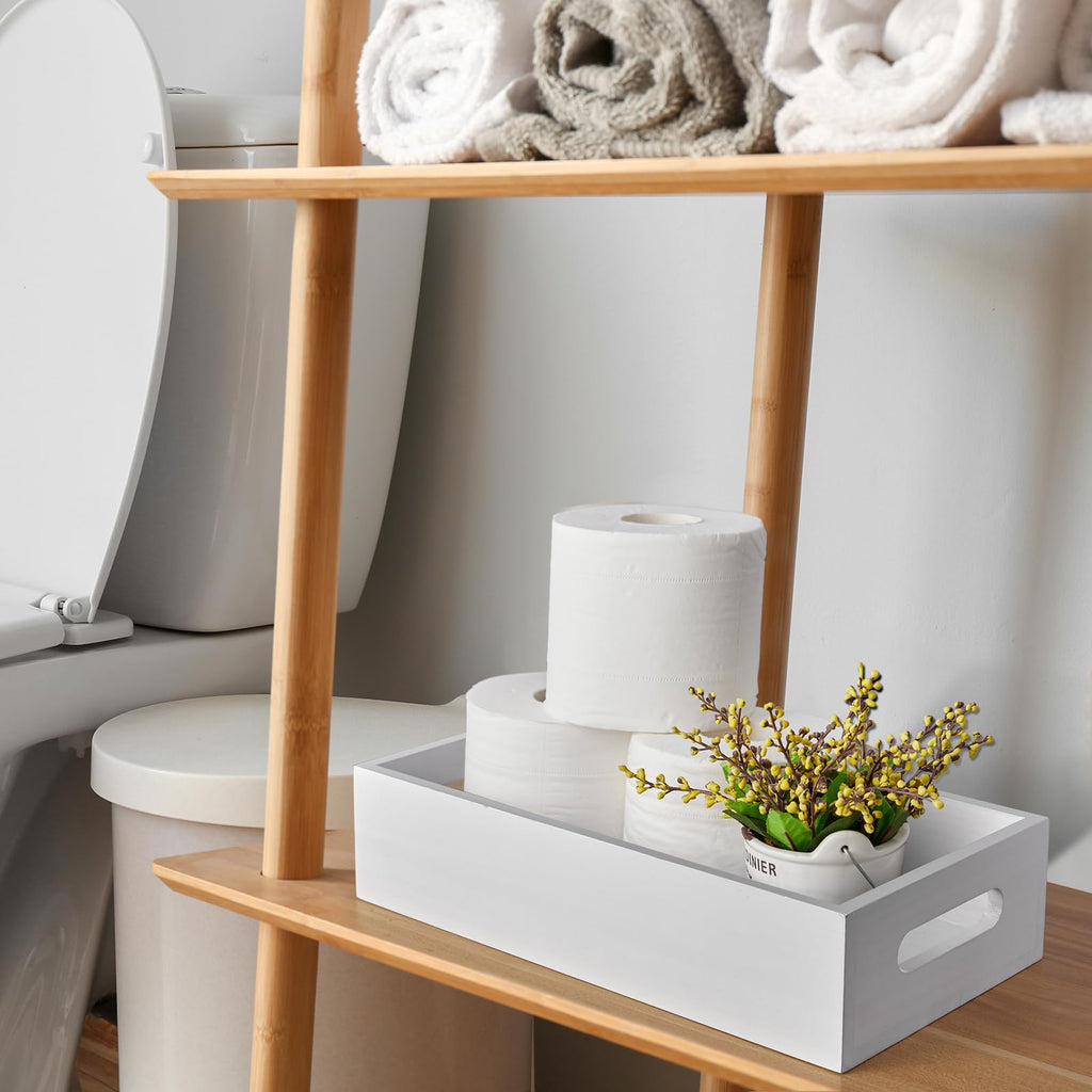White Wooden Toilet Tank Paper Basket with Handle D78497
