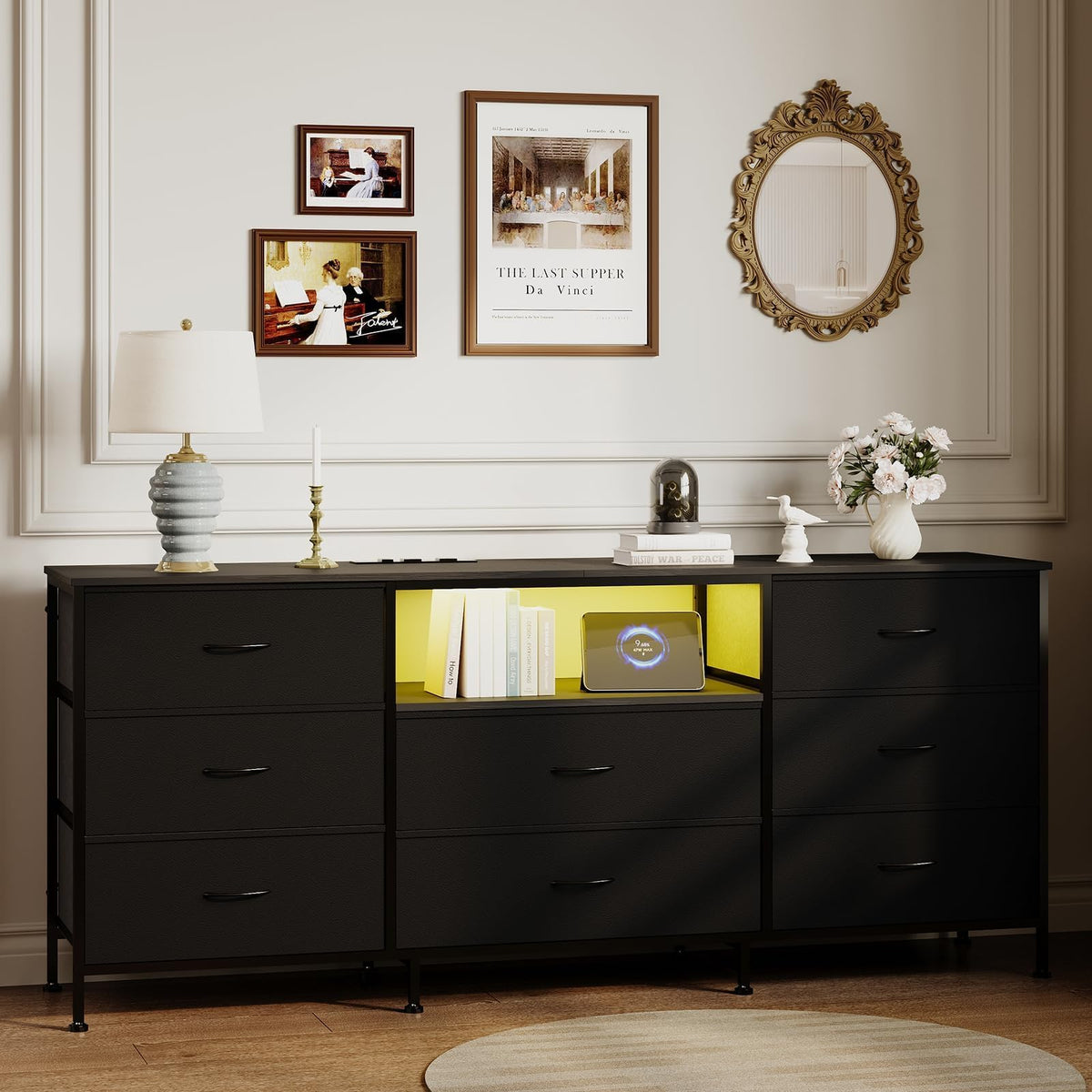 Black 8 Drawer TV Stand Dresser with Steel Frame Z955556