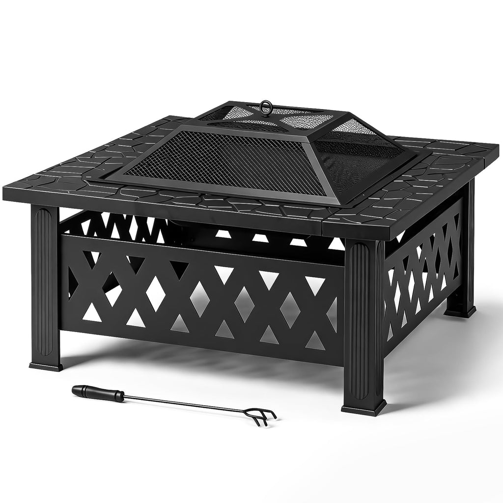 32 Inch Square Wood Burning Fire Pit Table with Spark Screen and Fire Poker E9321