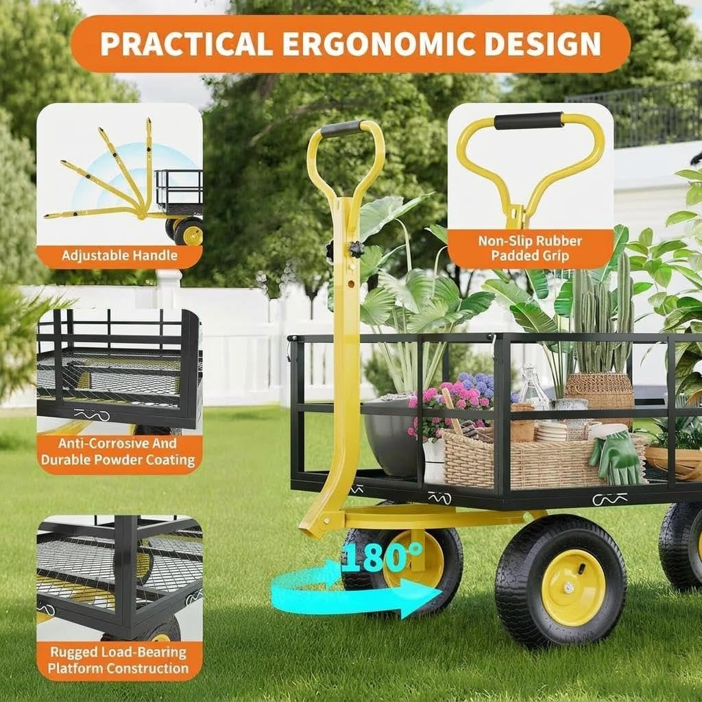 Heavy Duty Steel Garden Cart, 1200 LBS Load Capacity Wagon with 10 inch Tire and Rotating Handle, Black D26062