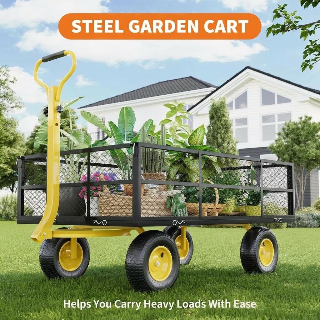 Heavy Duty Steel Garden Cart, 1200 LBS Load Capacity Wagon with 10 inch Tire and Rotating Handle, Black D26062