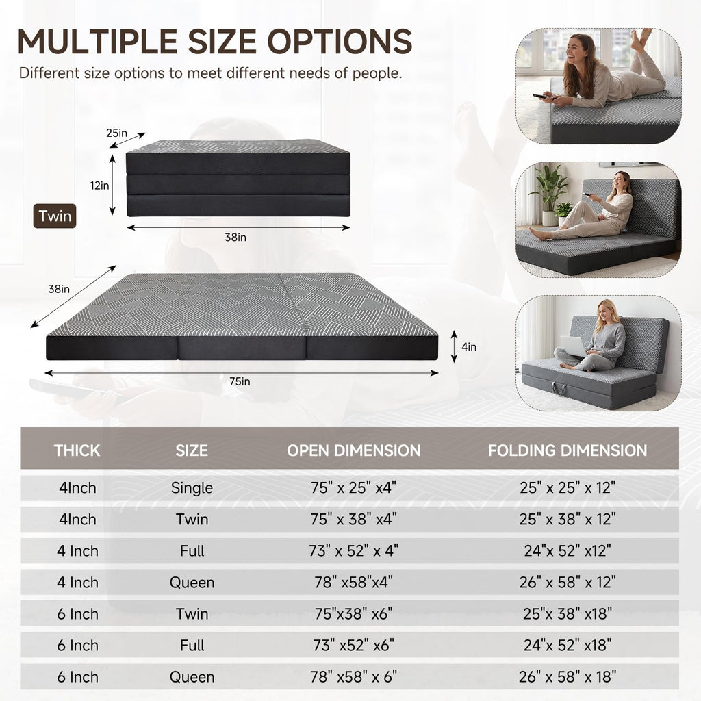 Memory Foam Tri Folding Mattress Twin Size 4 Inch Z298728